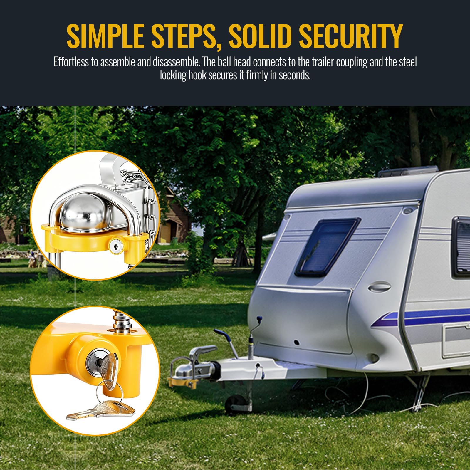 Lucchetto per Rimorchio,Antifurto per Rimorchio Regolabile,Compatibile con Accoppiatori da50 mm,con Gancio di Traino e 2 Chiavi di Sicurezza,Struttura in Acciaio Cromato per Caravan,Camper e Roulotte