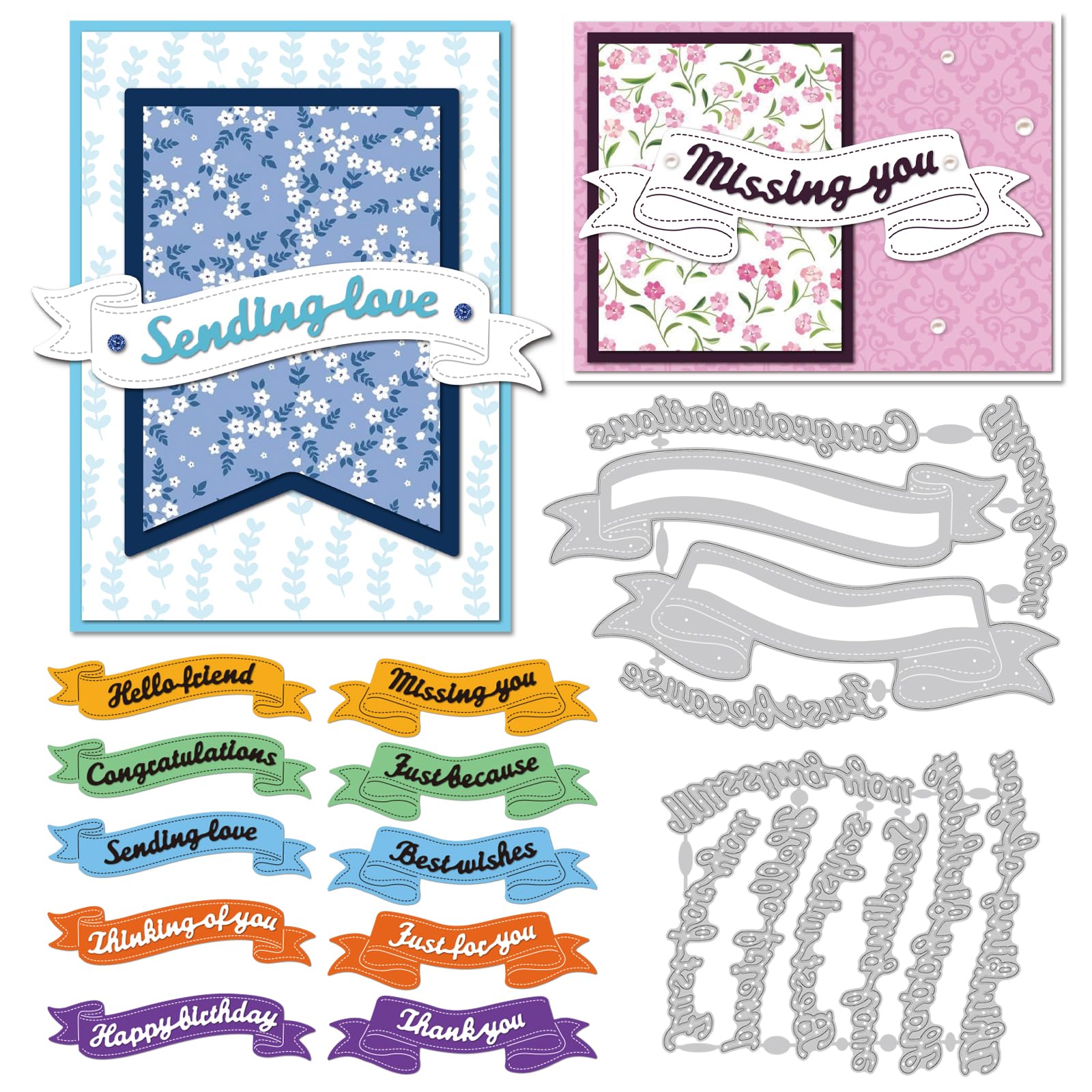 INFUNLY 12 Pcs Ribbon Words Die Cuts for Card Making Best Wishes Cutting Dies Greetings Word Metal Dies Inspirational Word Embossing Templates Banner Cutting Die for DIY Scrapbooking Photo Album Craft