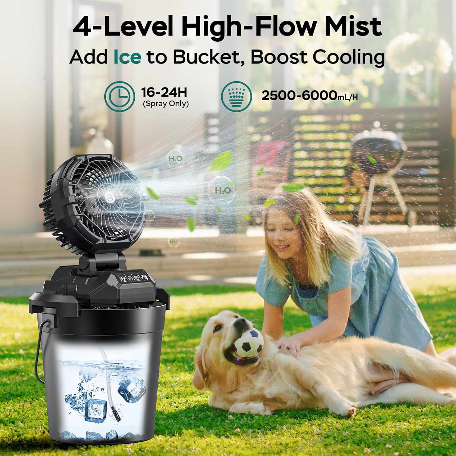 Portable Misting Fan for Outdoors Patios - 30000mAh Rechargeable Battery Powered Camping Fan, 4 Spray Mister with Timer, Fits 10-13" Bucket, 4 Speed, 90° Auto Oscillation for Garden Sports Travel Golf
