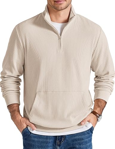 COOFANDY Men Quarter Zip Pullover Mock Neck Long Sleeve Corduroy
