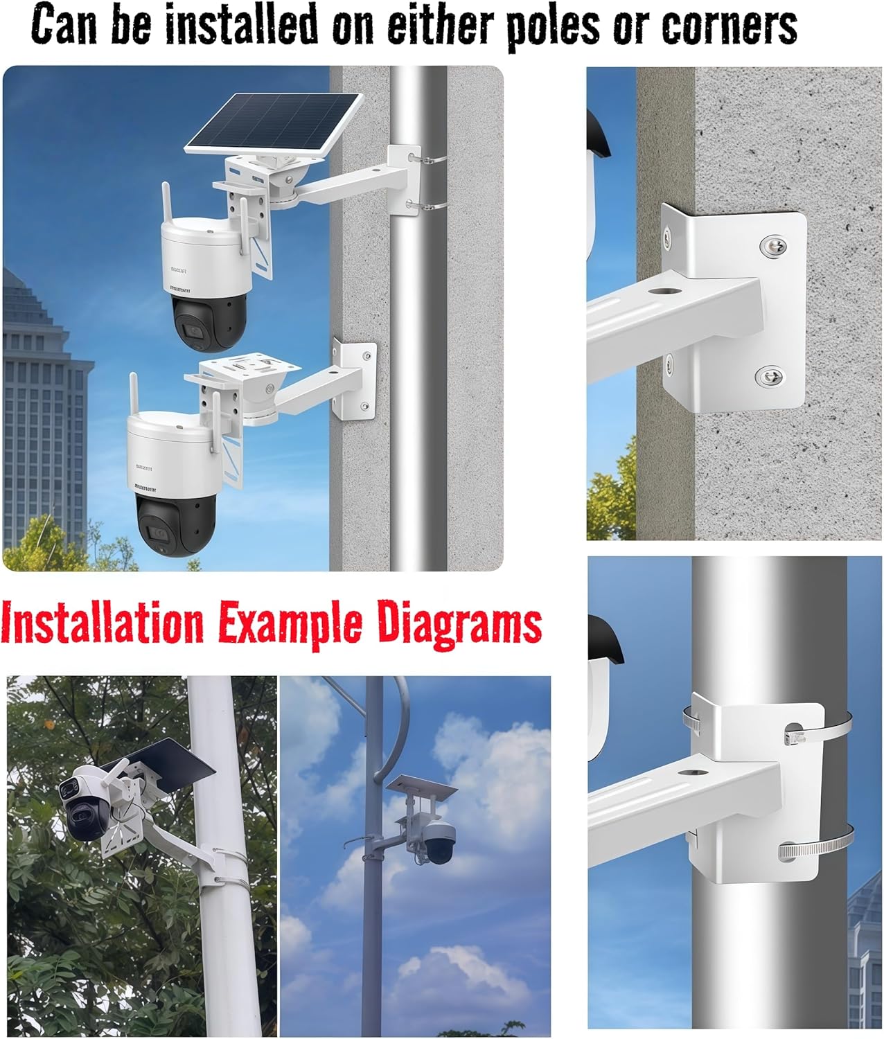 Security Camera Mount Kit - Pole/Wall Bracket with L-Adapter, 2 Stainless Steel Straps, Solar Panel Duckbill Bracket, Fits Dome/IP/PTZ Cameras, Indoor/Outdoor (Pole Mount Set with Solar Panel Bracket)