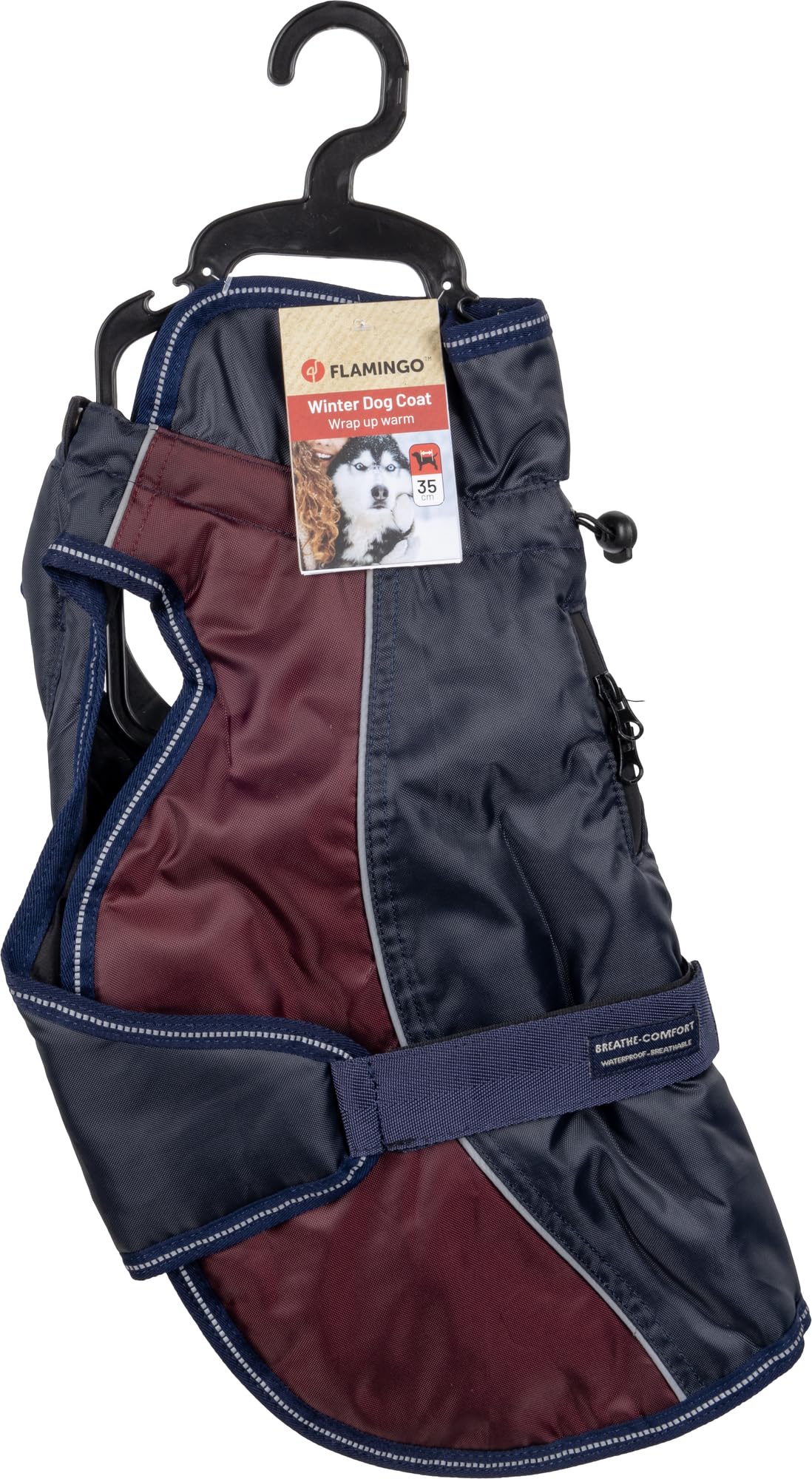 Flamingo Manteau d'hiver pour Chien Eisberg Bleu foncé & Bordeaux - Taille 35cm (A: 35 cm, B: 40 cm, C: 46-56 cm) - Idéal pour Bichon Frisé, Carlin, Boston Terrier, Pékinois & Chihuahua