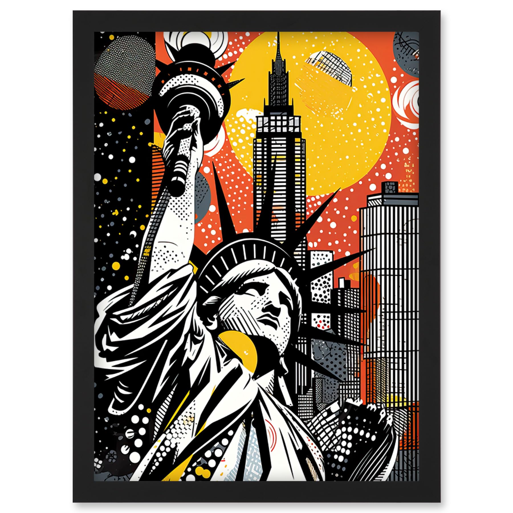 Artery8 New York Collage Halftone Pop Art Comic Book Statue of Liberty Skyscraper Abstract Artwork Framed Wall Art Print A4