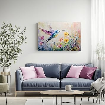 lianyibo Blue Hummingbird Spring Wildflowers Painting Print Canvas | Botanical Floral Colorful Flowers Wall Art Home Decor(80x120 cm/Frameless)