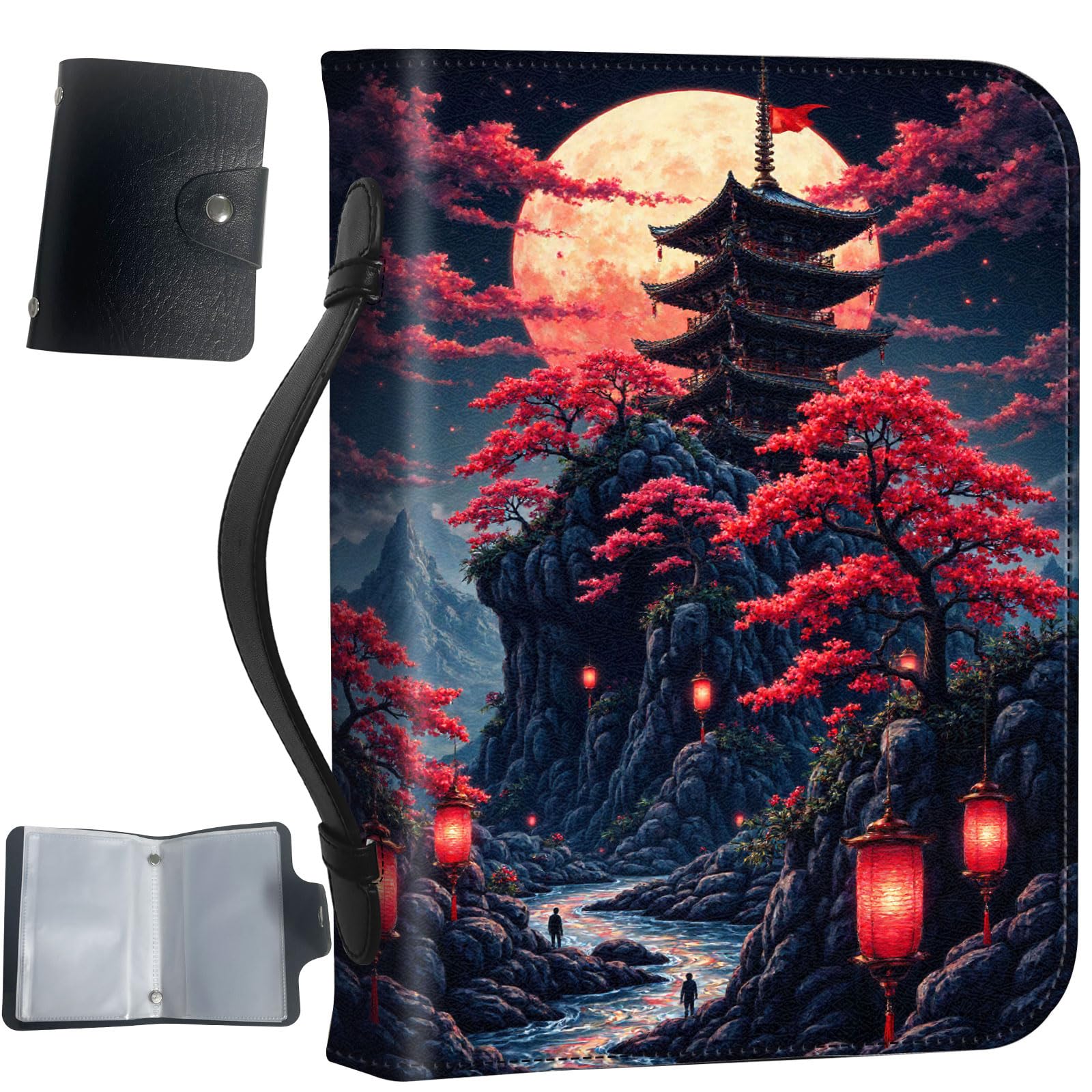 PU Leather Bible Cover with Handle & Pockets, Large Capacity Bible Case, Water-Resistant Scripture Organizer Bag with Bonus Card Holder, Christian Gift for Women & Men, Red Pagoda Night