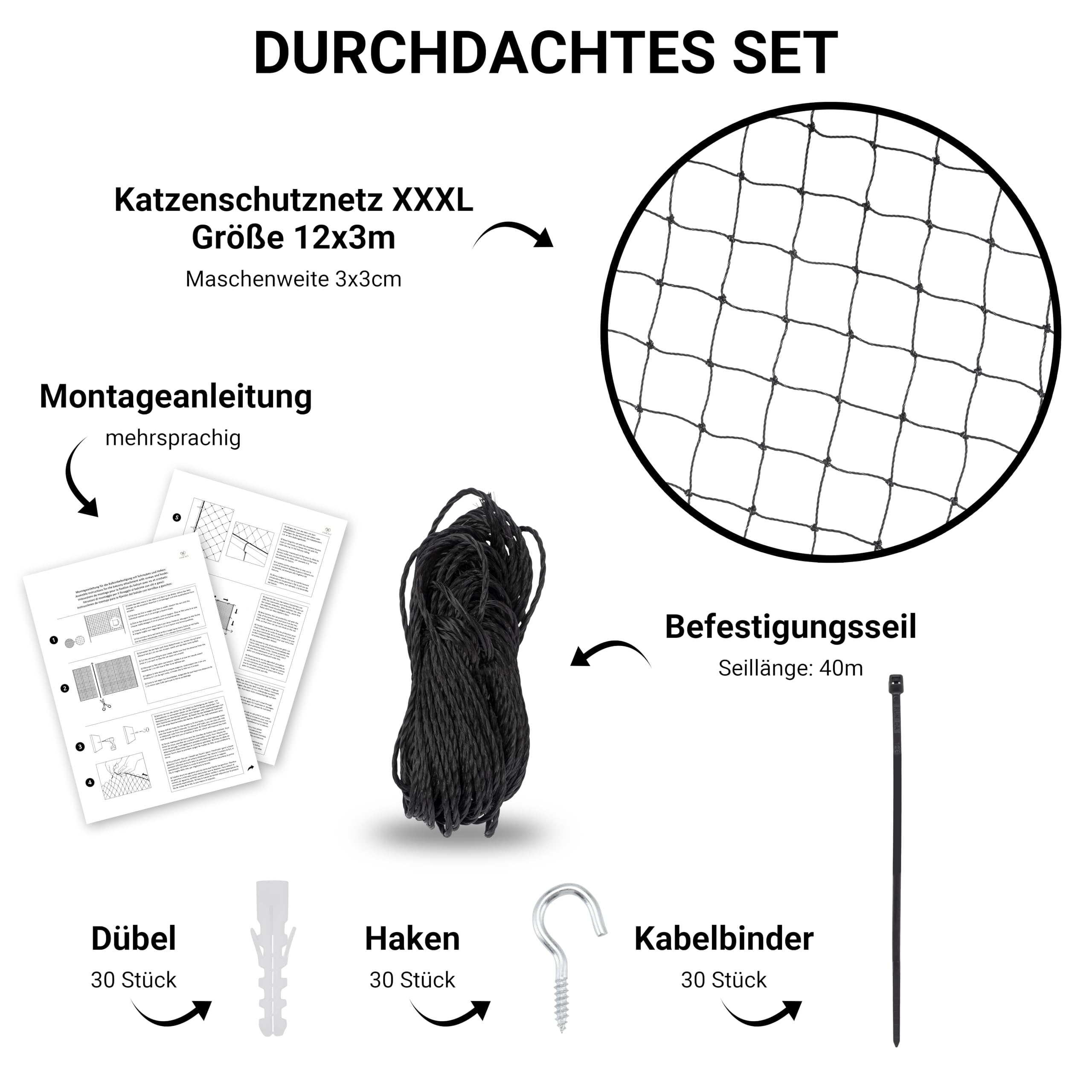 Katzennetz Drahtverstärkt 12x3m - Katzennetz für Balkon mit Befestigungsmaterial - Balkonnetze Katzenschutz - Verstärktes Balkonnetz für Katzen - Katzengitter Balkon - Katzenschutznetz