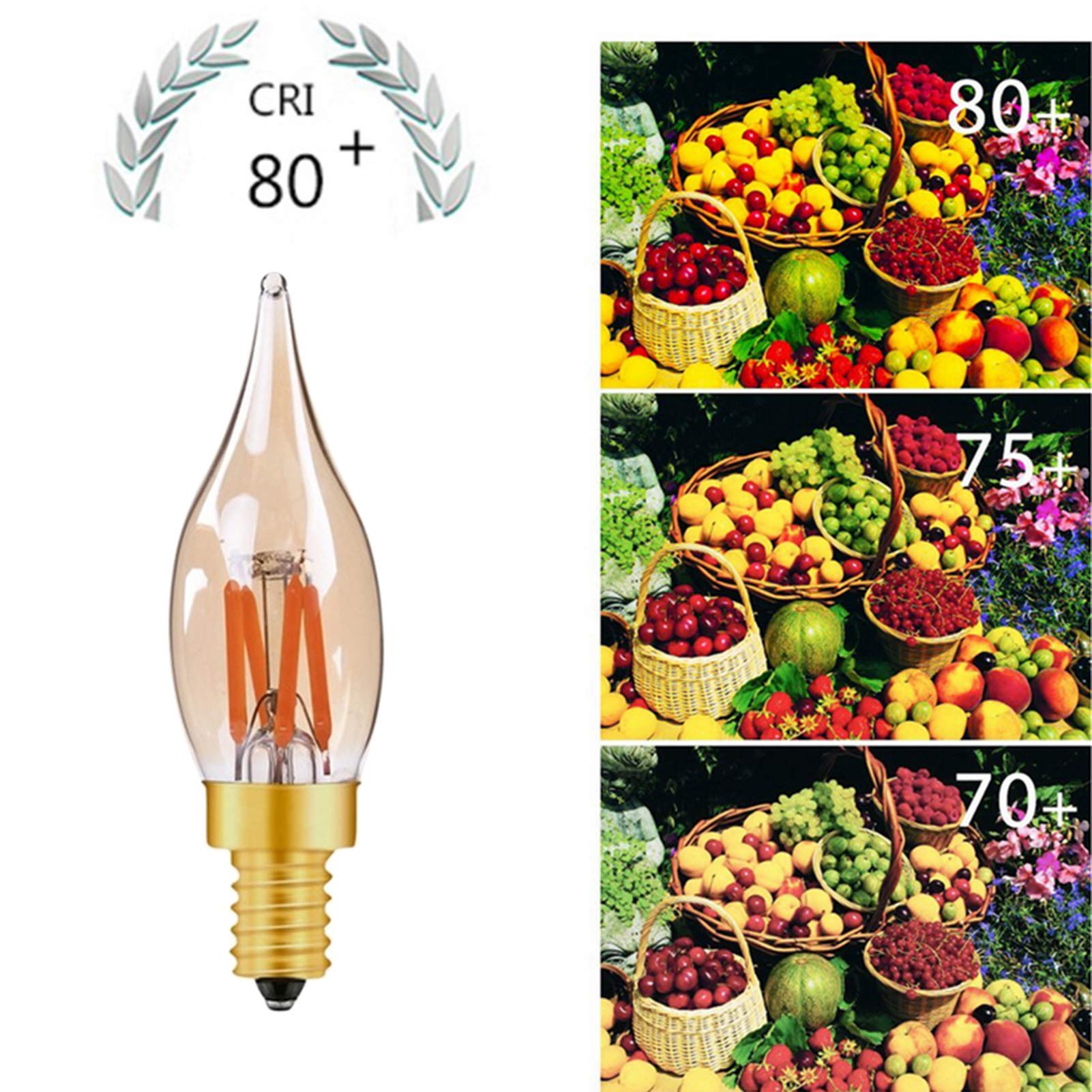 Ampoules LED Edison vintage, lampe à incandescence 2 W = 20 W, paquet 6 ampoules à bougie à flamme jaune chaude, ampoules lustre à intensité variable, base dorée E12
