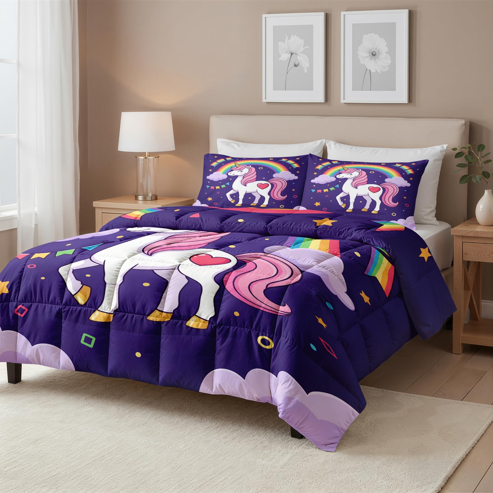 Einhorn Kinder Bettdecke 135x200 - Mädchen Regenbogen Wolken Deko, 4 Jahreszeiten Bettdecken 135 x 200, Steppdecke Ohne Bezug Nutzbar, Warme & Weiche Ganzjahresdecke mit 1 Kissenbezug