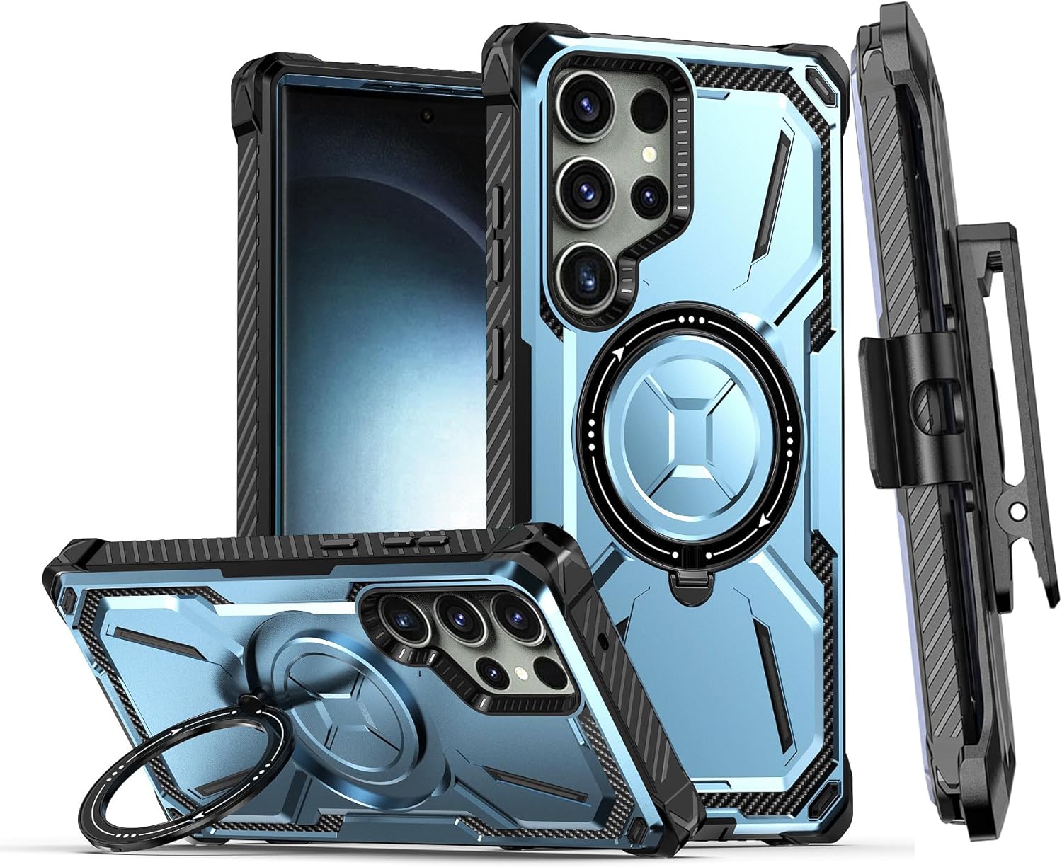 Magnetic Ring Holder for Samsung Galaxy S25 Ultra Case with Belt Clip Holster [Compatible with MagSafe][Invisible Kickstand] Heavy Duty Hard Shockproof Armor Protector Case, Blue