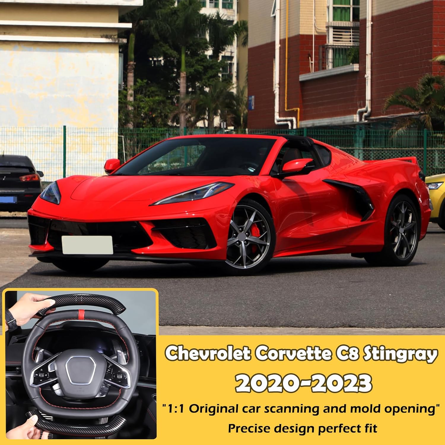 Car Steering Wheel Cover Compatible with Corvette C8 Stingray 2020 2021 2022 2023, Segmented Anti-Skid Steering Wheel Protector Interior Accessories (Carbon Fiber Pattern)