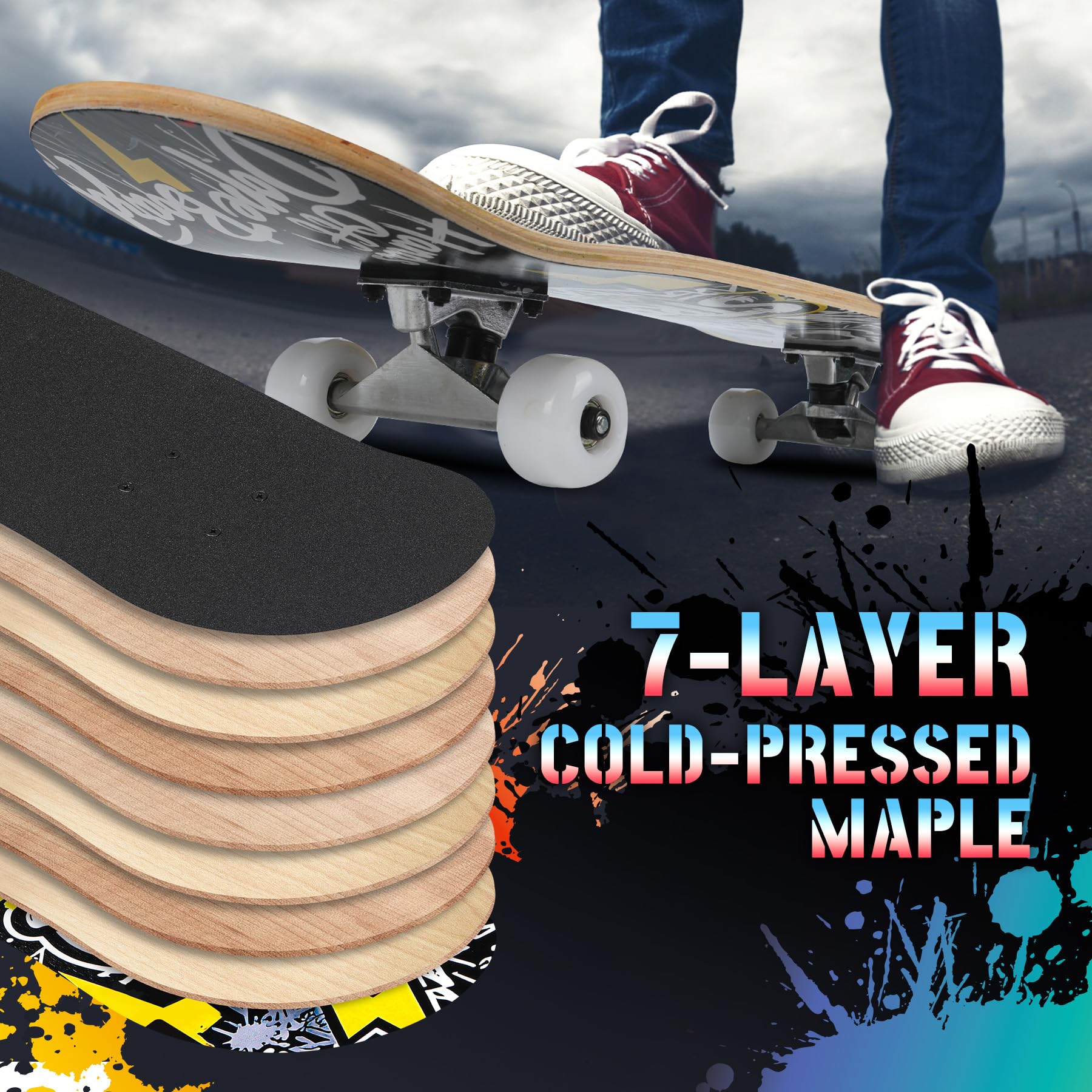 Planche à roulettes Pro complète pour débutants, filles, garçons, enfants, adolescents, adultes, 78,7 x 20,3 cm, 7 couches, érable canadien, longboard concave double kick