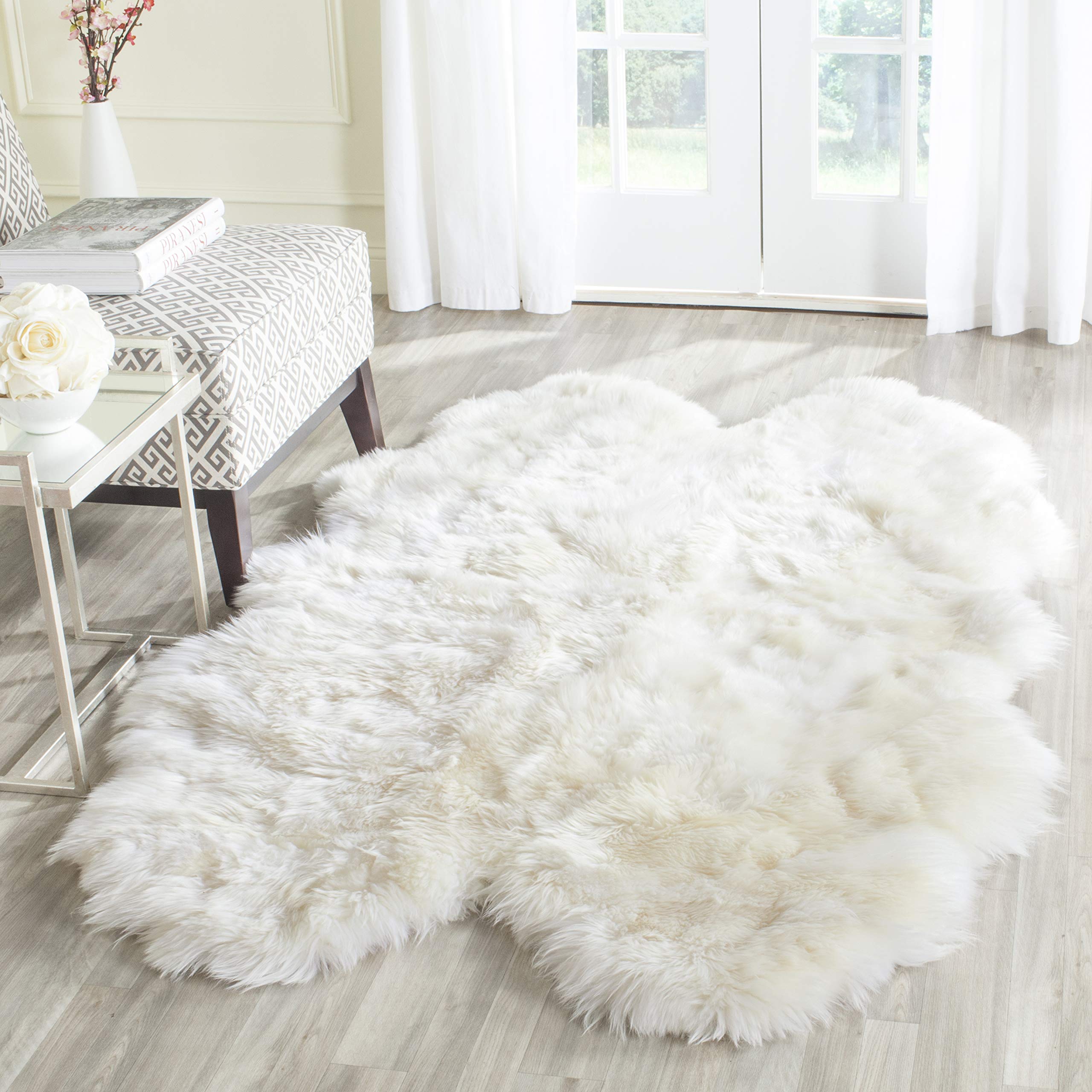 Safavieh Sheep Skin Collection SHS211A Handmade Rustic Glam Genuine Pelt 3.4-inch Extra Thick Area Rug, 4' 9”x 6', Natural / White