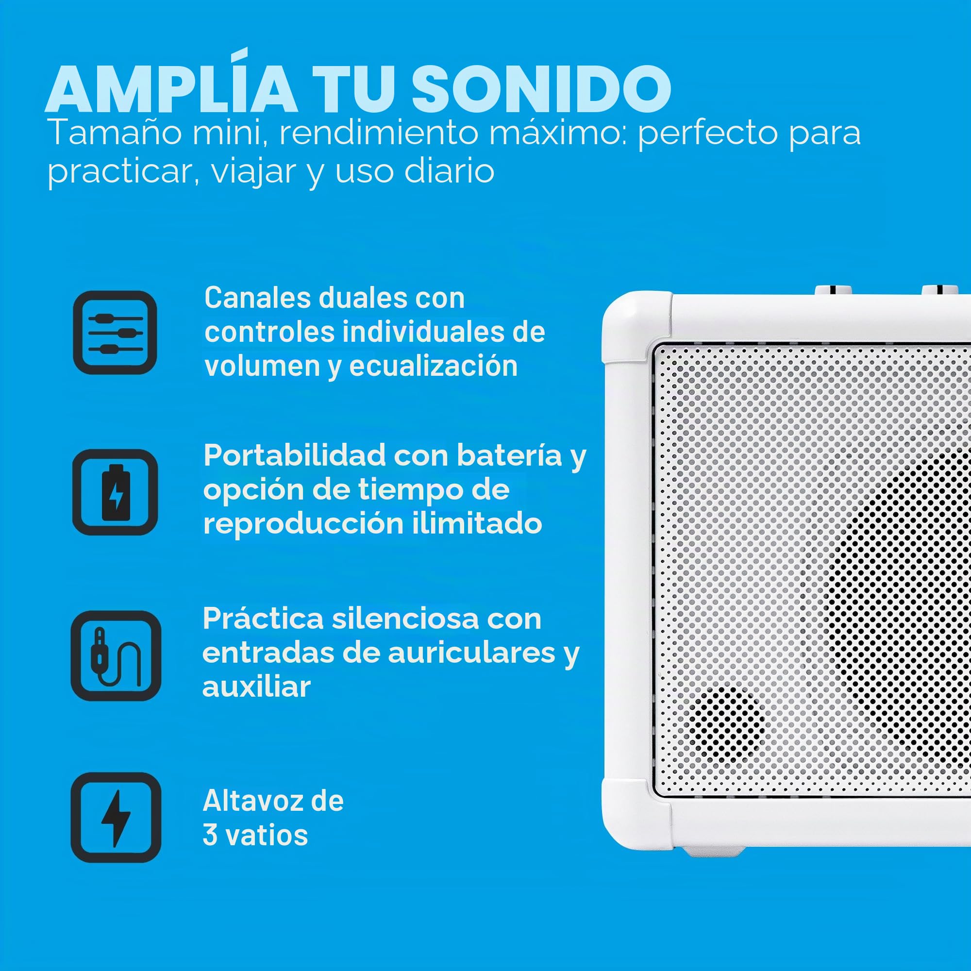 Carry-on Mini Speaker Amplificador Portátil 3W para Guitarra, Bajo, Teclados, Batería Electrónica y Voz, Mini Amplificador Combo con Doble Canal, Entrada AUX y Funcionamiento con Batería