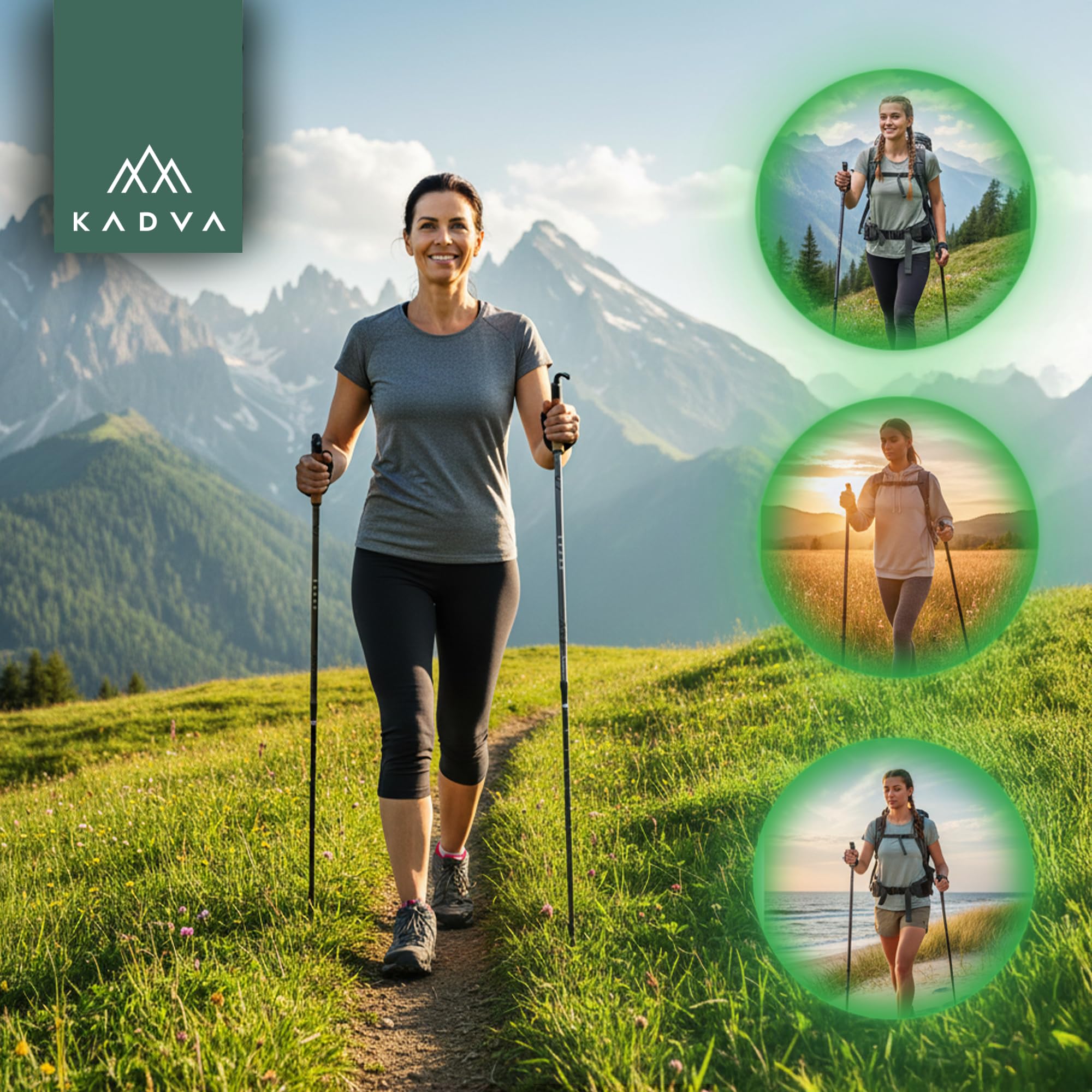 KADVA Bastoncini da Nordic Walking ARUKU in Nero, misura regolabile 83-135 cm Sistema Twist Lock che garantisce stabilità e sicurezza Riduzione delle vibrazioni Punta in acciaio