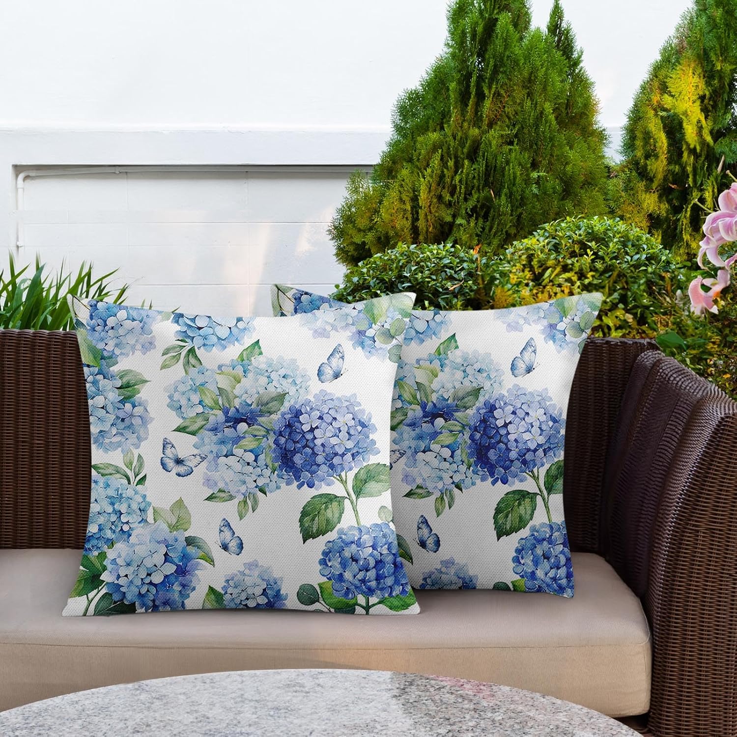 Hydrangea Floral Outdoor Waterproof Throw Pillow Covers 18 x 18 Inch Set of 2, Blue Pillowcase Square Cushion Case, Farmhouse Garden Decorative Pillows for Couch Beach Patio