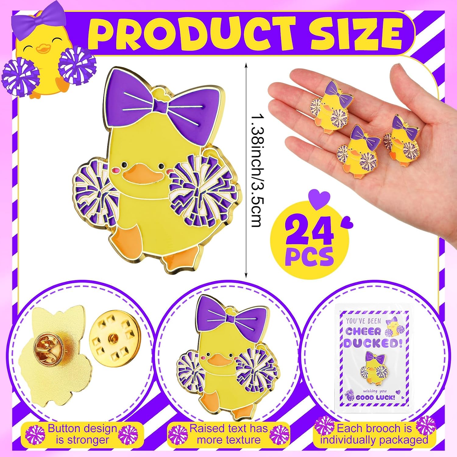 Quelay 24 Pack Cheer Team Gifts Bulk Cheerleader Duck Pins Brooches You've Been Cheer Ducked Tags Team Inspirational Gift Accessories for Teammates