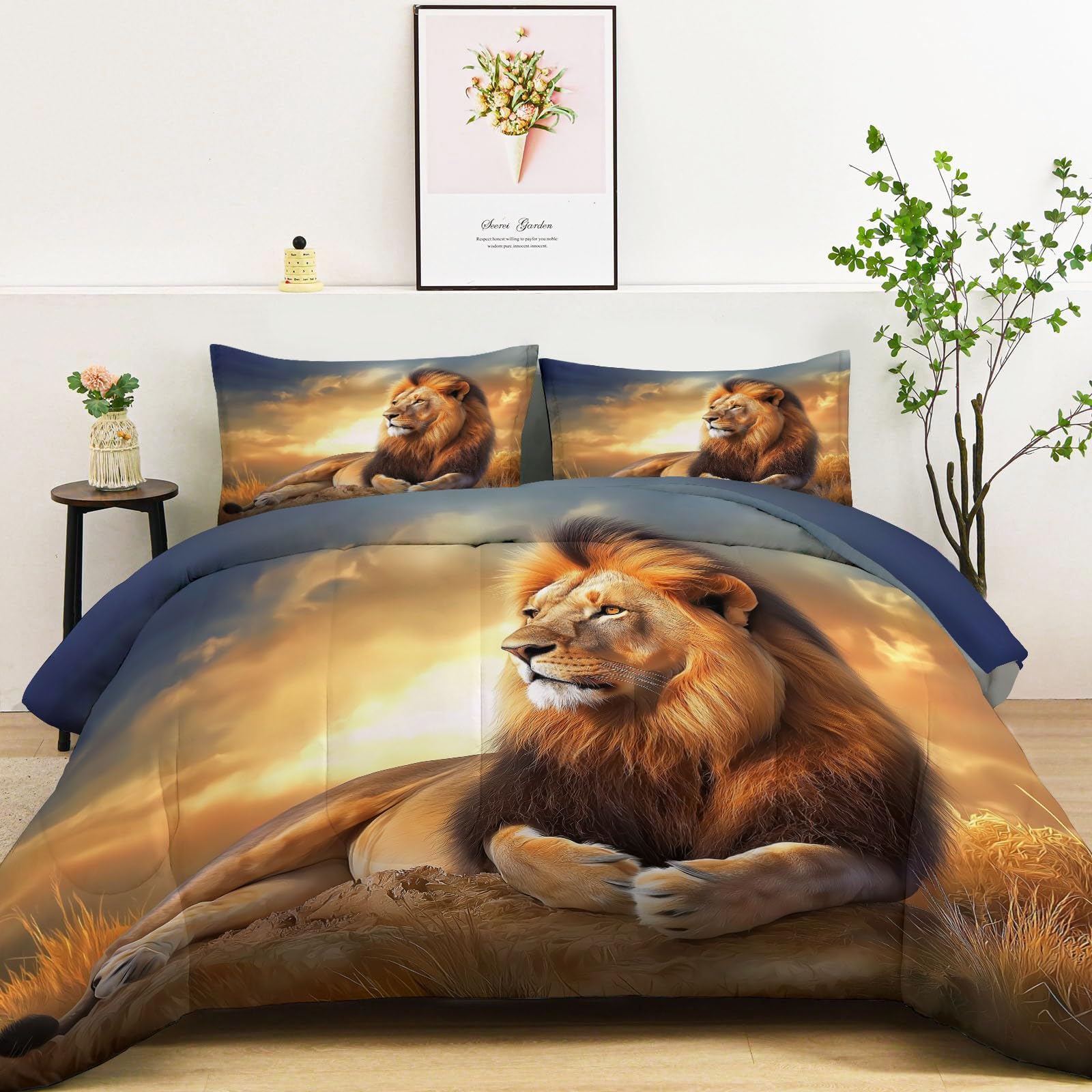 Kołdra pikowana na 4 pory roku, 155 x 220 cm, z naturalnym zwierzęciem, lwem, ciepła i miękka kołdra do spania bez poszewki na poduszkę, granatowa