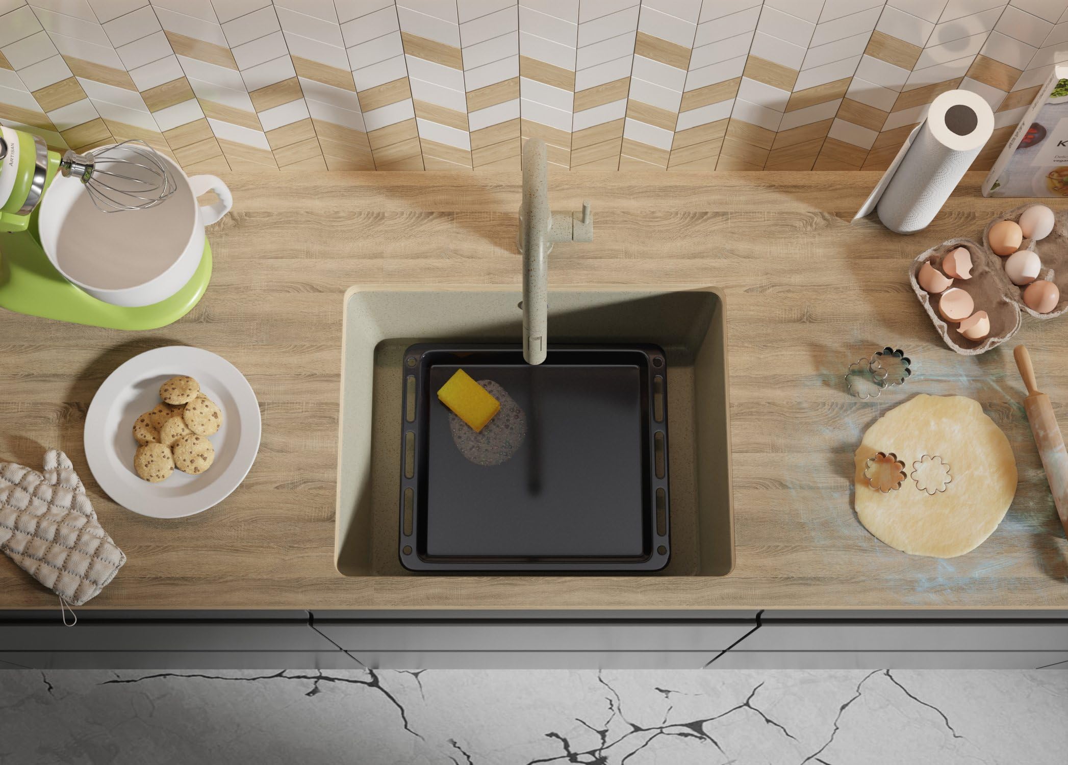 PRIMAGRAN Fregadero bajo Encimera Beige 56x44cm, Cocina 1 Seno + Sifón, Granito al Mueble 60cm - Venecia Easy S066