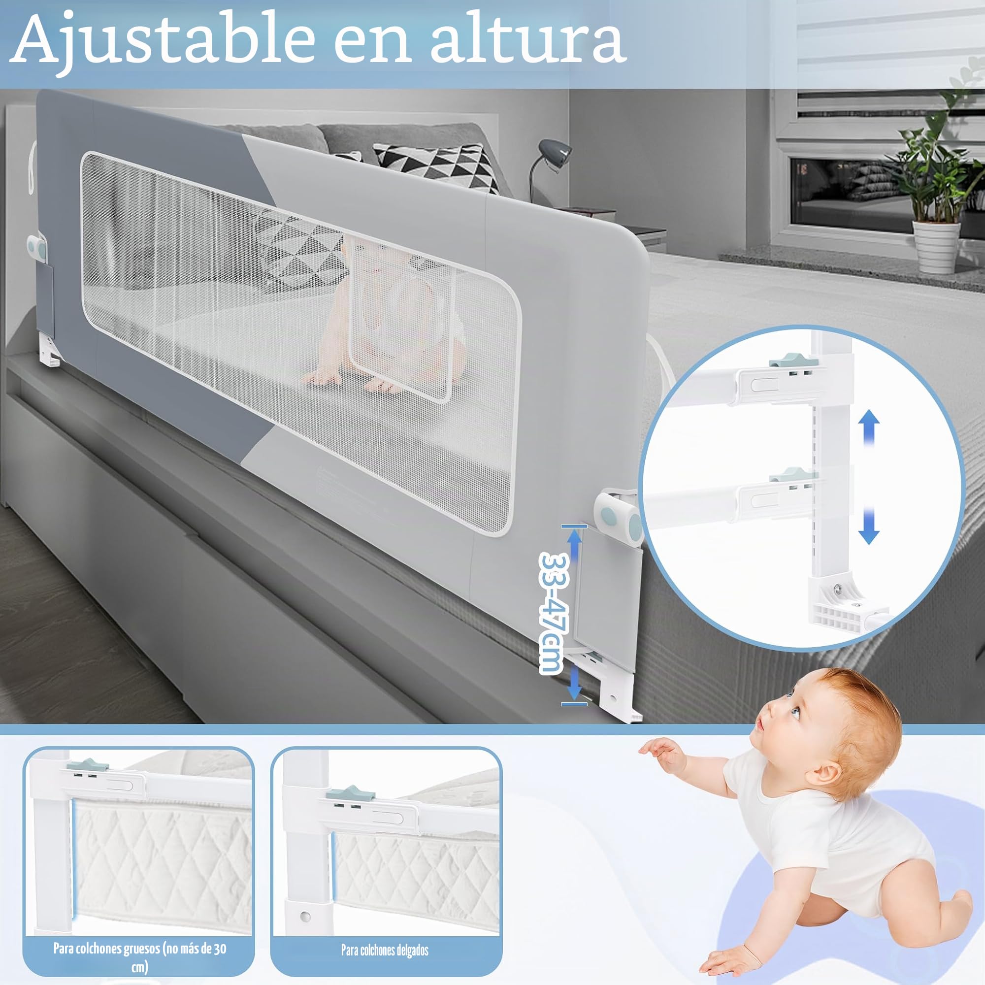 UISEBRT Barrera de cama de 200 cm, plegable, protección contra caídas, altura ajustable para cuna, transpirable, con bolsa de almacenamiento, gris oscuro