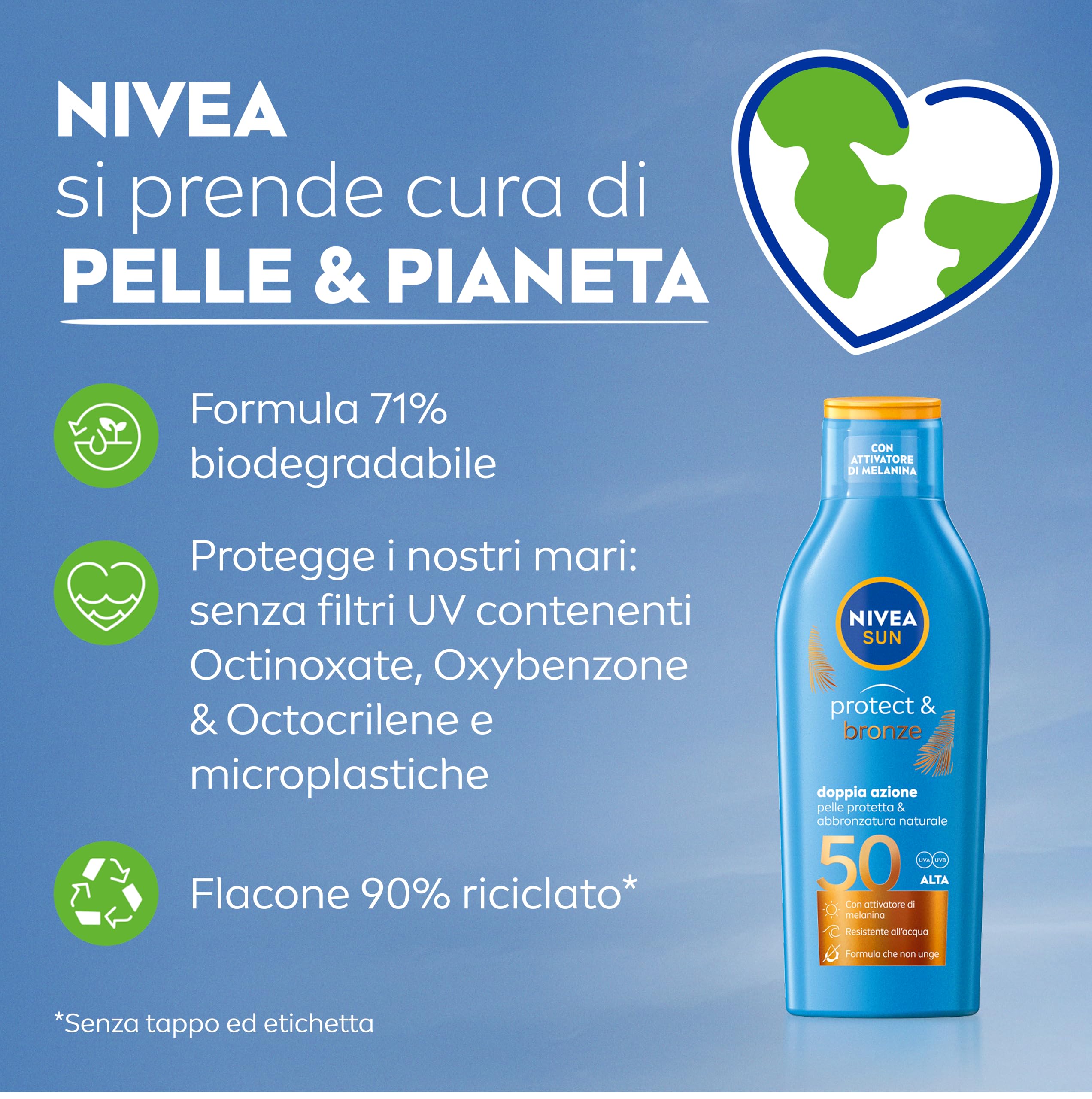 NIVEA SUN Latte Solare Protect & Bronze FP 50 200 ml, Crema solare 50 per un'abbronzatura dorata, intensa e uniforme, Protezione solare 50 con attivatore di melanina