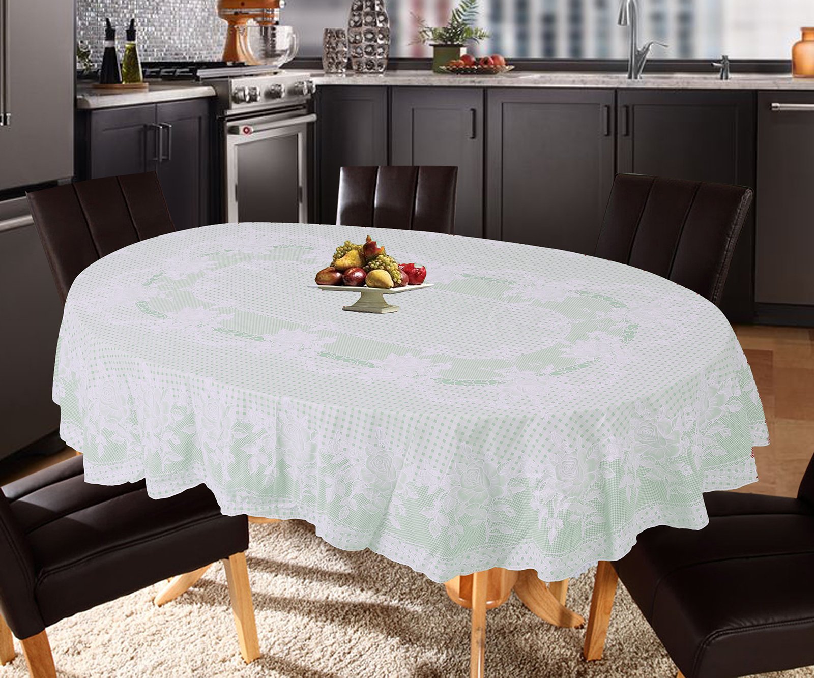 Rose Floral Design PVC Lace Vinyl Oval Tablecloth for 4 to 6 Seater Dining Table (Table Cover Size - 54 x 78 Inches Oval, Pista)(pack of 1)-image-33