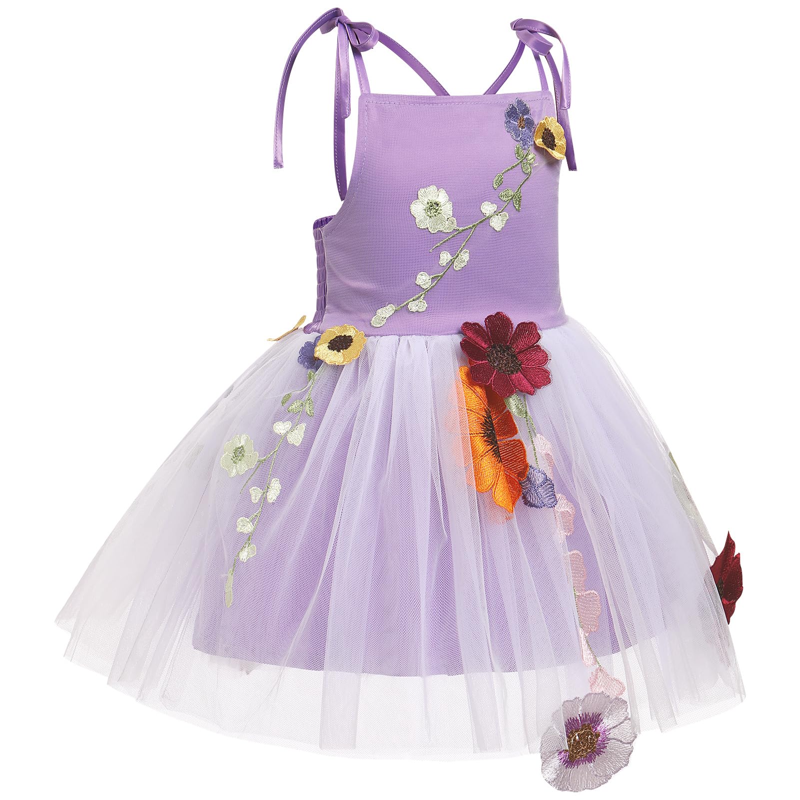 Toddler Baby Flower Girl Dress Kids Sleeveless Spaghetti Straps Floral Embroidered Ruffle Layered Tulle Princess Dress Birthday Tea Party Flower Girls Dresses Purple 3-4 Years
