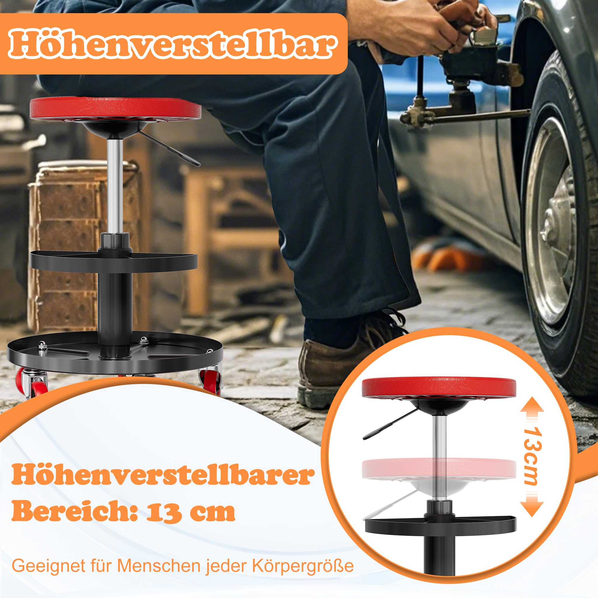 UISEBRT Taburete de taller móvil con bandeja y ruedas, taburete de garaje, capacidad de carga de 150 kg, para taller, cuidado de vehículos, mantenimiento de máquinas y bricolaje (redondo)