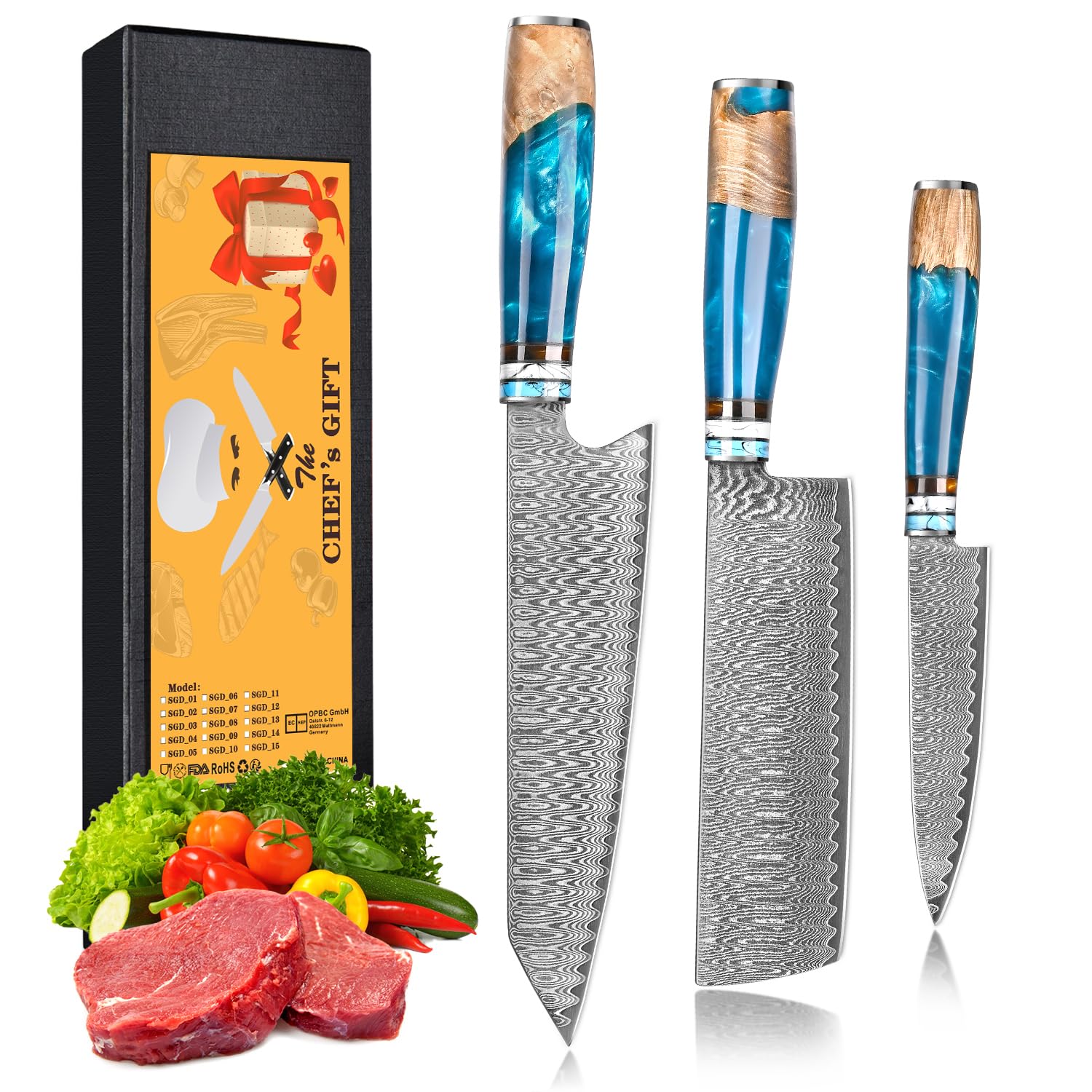 Set Coltelli da Cucina Professionali Damasco 67 Strati Nariki, 3 Pezzi Coltello Da Cucina Giapponese Professional Kiritsuke Coltello da Chef Per Verdura Carne