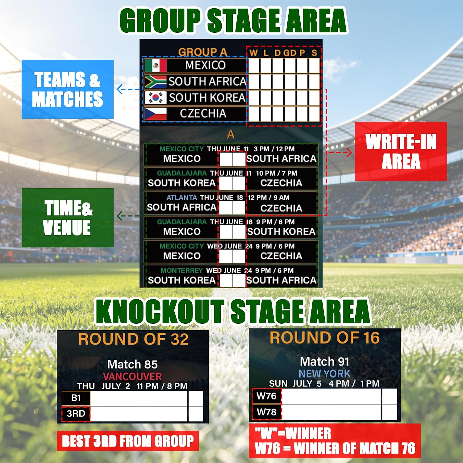 Juchuar World Cup — 36×24 inch Large Soccer Tournament Wall Chart with Knockout Bracket, All 48 Teams & 104 Matches Schedule Poster, Watch Party Decorations & Fan Gift for Home Bar & Sports Bar