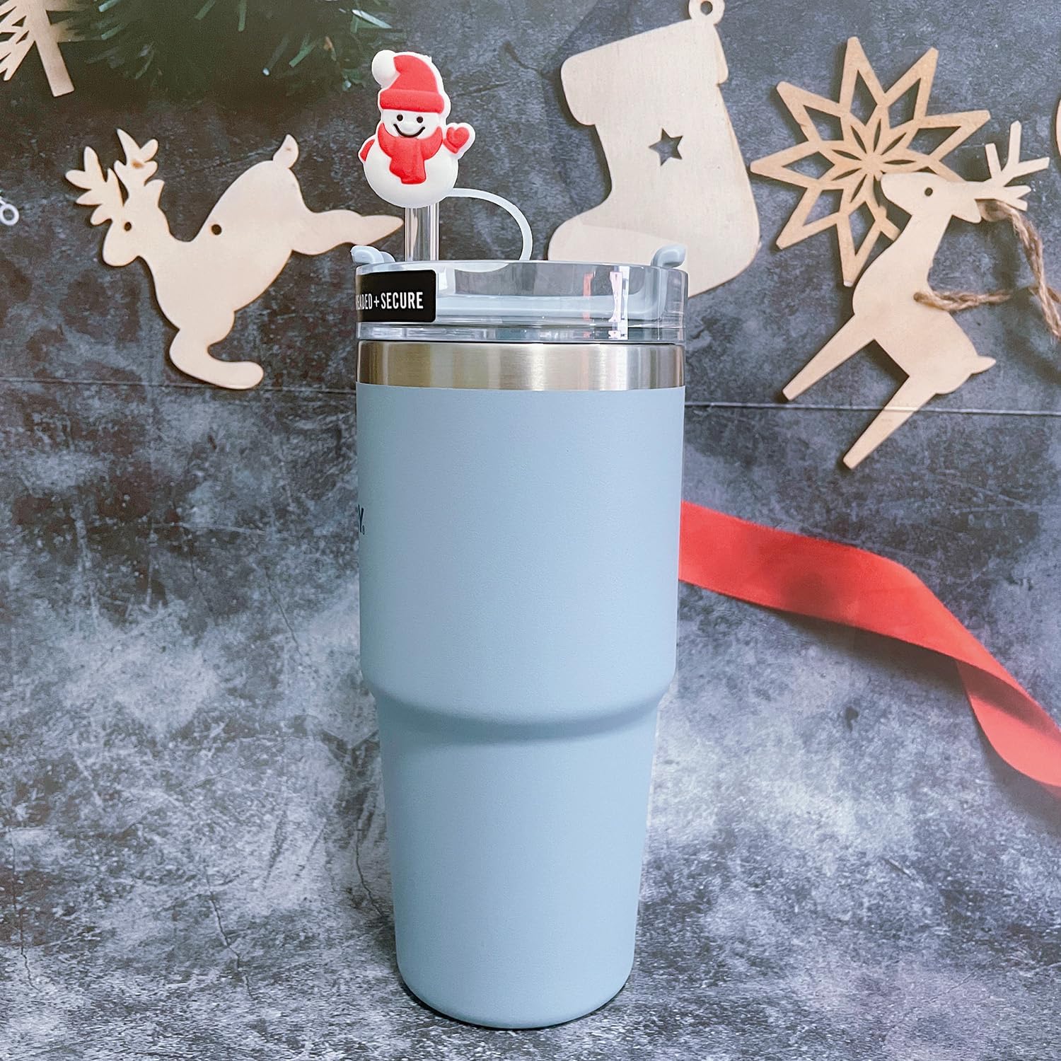 12Pcs Straw Covers Cap for Stanley Cup,Christmas Silicone Straw Cover Straw Toppers Compatible with Stanley 30&40 Oz Tumbler Cute Santa Claus Snow Christmas Tree for Stanley Cup Accessories