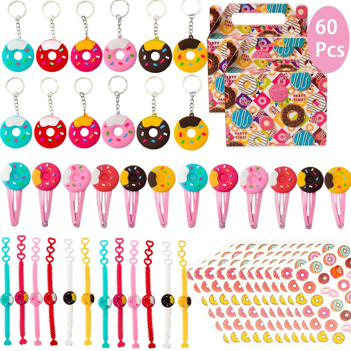 Donut Birthday Party favors Supplies Set - Donut Bracelets, HairClips, Tattoos, Key Chains and Goodie bags for Classroom Rewards Carnival Prizes Set Gifts for Kids Girls - Serve 12 Guests