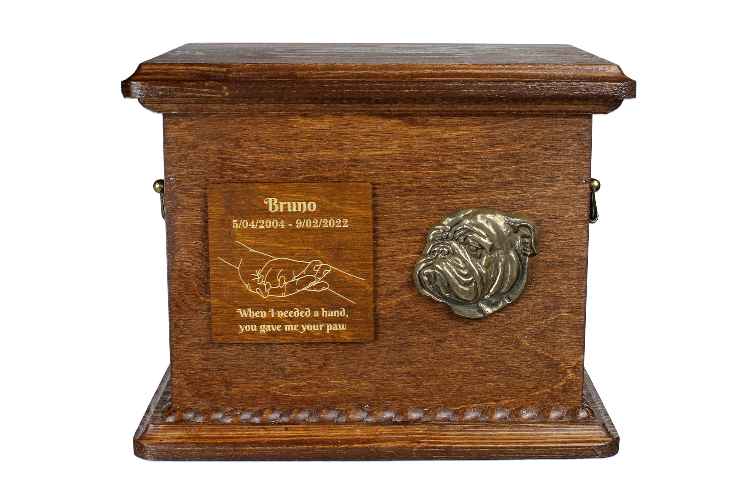 Art-Dog Urn for Dog Ashes - Handmade Memorial with Relief, Personalized Engraving, and Cold Cast Bronze Bust – Custom Pet Memorial Urn – 8.3x11.4x8.7” – English Bulldog