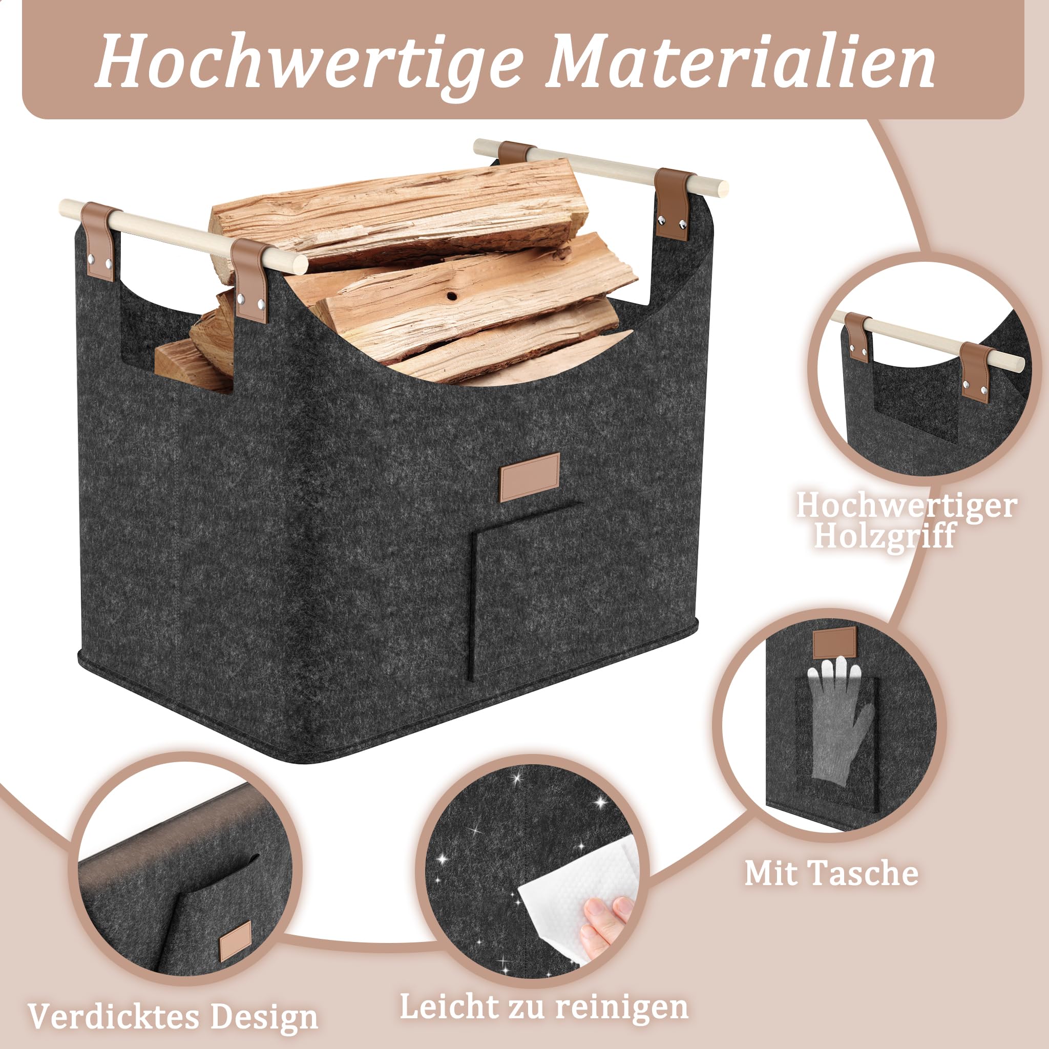 FIVMEN 2 bolsas de fieltro para leña de chimenea, plegables, con fieltro extra grueso y mango de madera reforzado, cesta de fieltro, cesta de la compra, periódicos, madera, color gris oscuro
