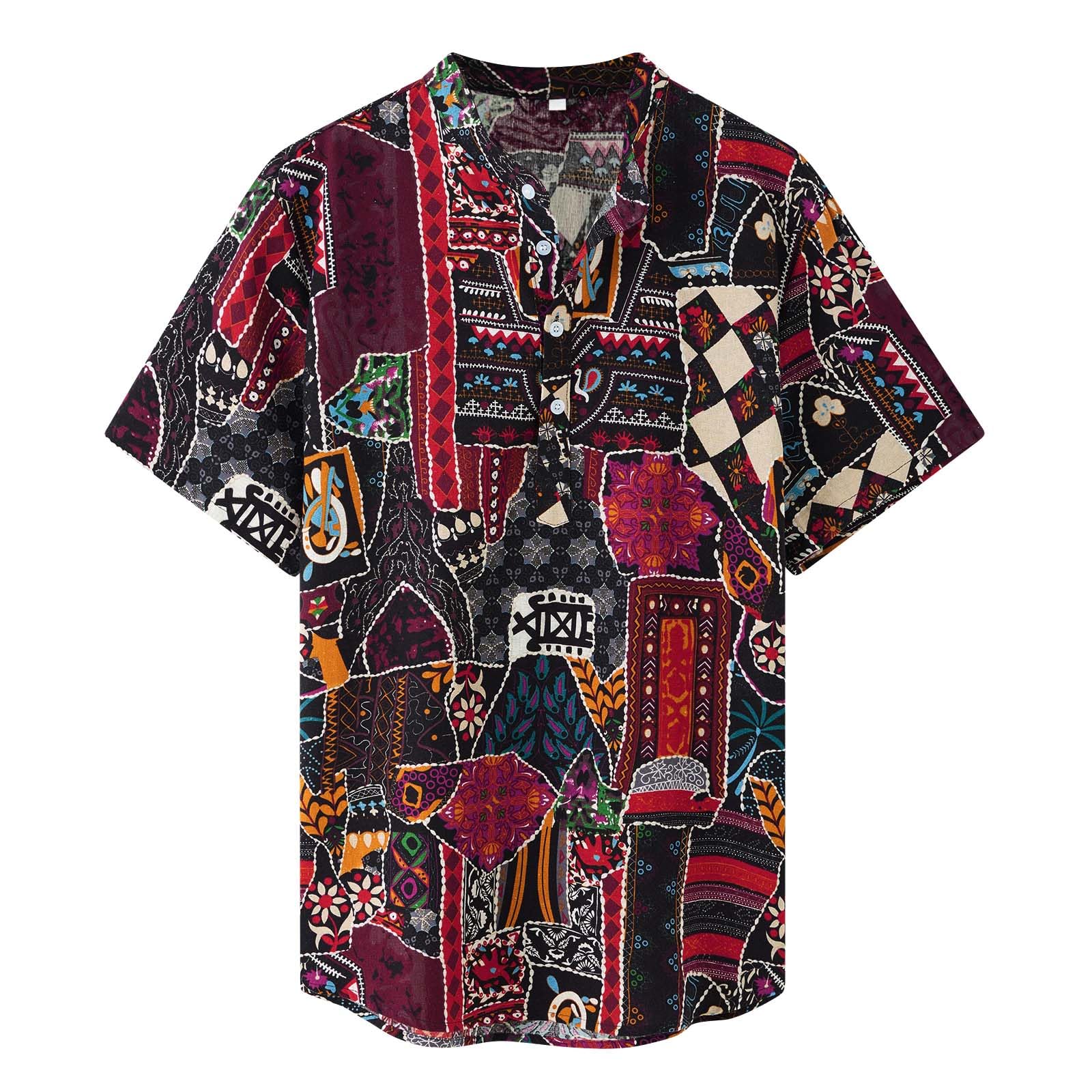 Loveternal Camisa De Lino Camisa De Hombre Camisa Henley De Manga Corta Camisa Informal con Estampado Étnico Retro Camisa Hawaiana Informal De Verano con Botones para Hombre