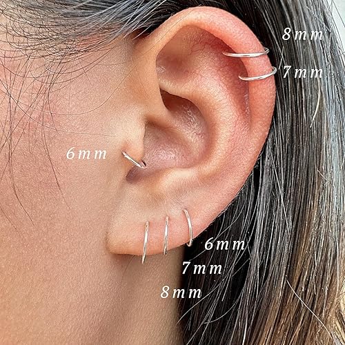 Miniatura 3 de LUCKYJEWUS 3 Pairs Handmade 925 Sterling Silver Nose Ring Hoop Small Hoop Earrings set for Cartilage Tragus Helix Multiple Piercing Jewelry 6mm 7mm