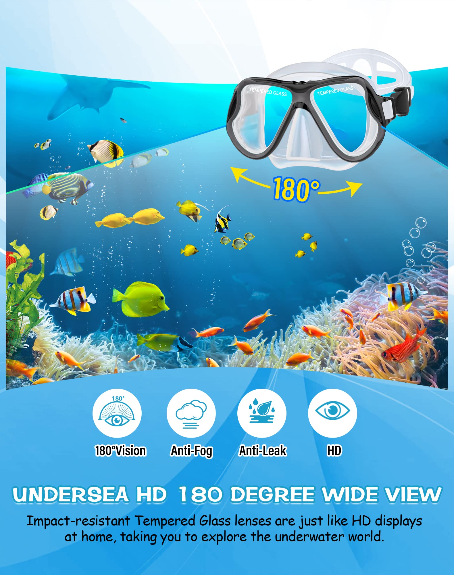 Greatever Dry Snorkel Set,Panoramic Wide View,Anti-Fog Scuba Diving Mask,Professional Snorkeling Gear