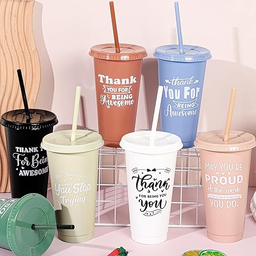 Miniatura 4 de Kochorie 24 Piezas Vasos de Agradecimiento de 24 Oz Vaso Tumbler de Plástico Inspiracional con Tapas y Pajitas Regalo de Agradecimiento Reutilizable