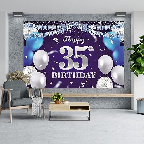 Vista 332 de Cartel de feliz cumpleaños número 31, globos azul marino, bandera de confeti a rayas, puntos de luz, saludos a 31 años, decoración temática