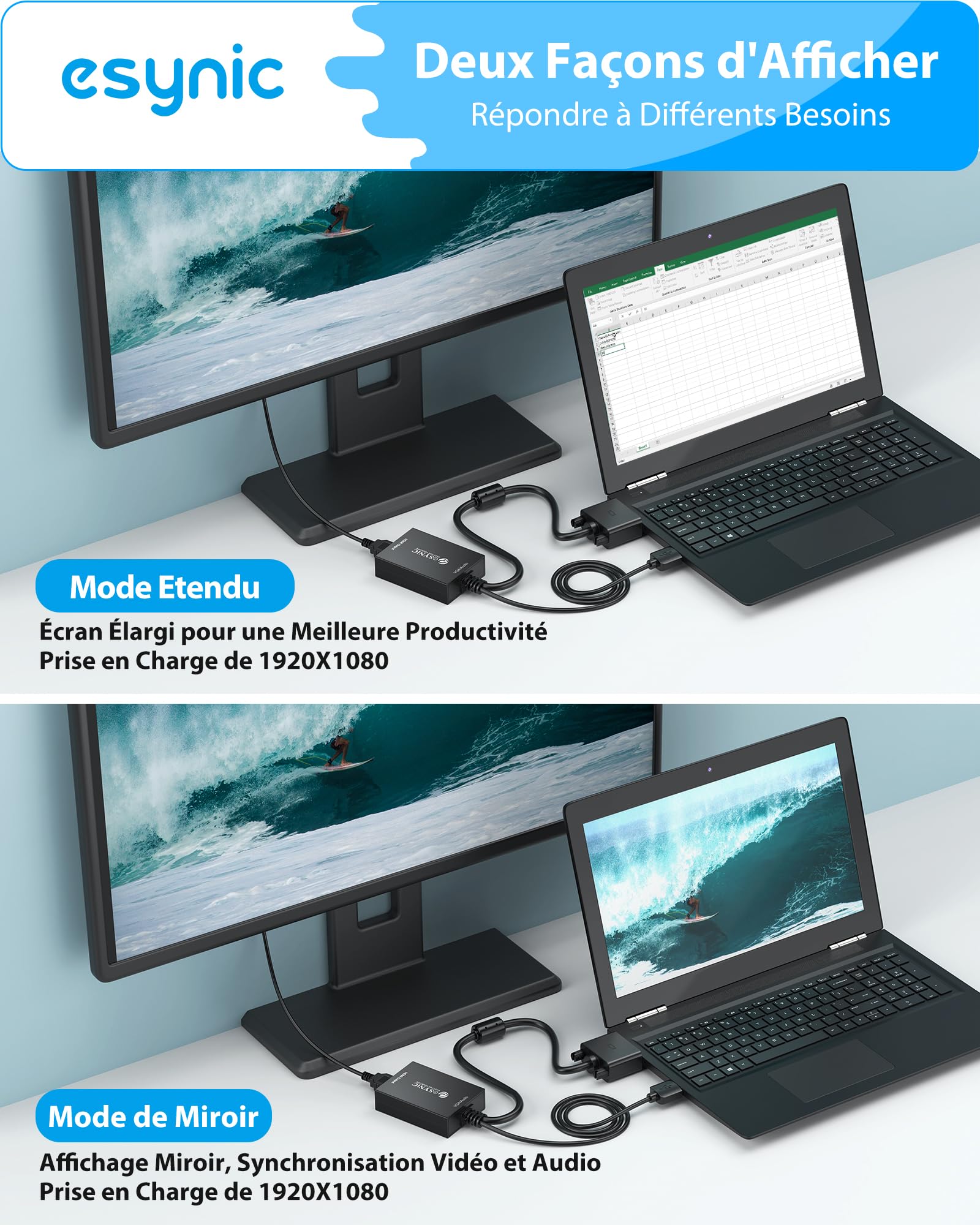 eSynic Adaptateur VGA vers HDMI 1080P Convertisseur VGA à HDMI avec Câble VGA 30cm Câble USB 1M Connecteur Plaqué Or