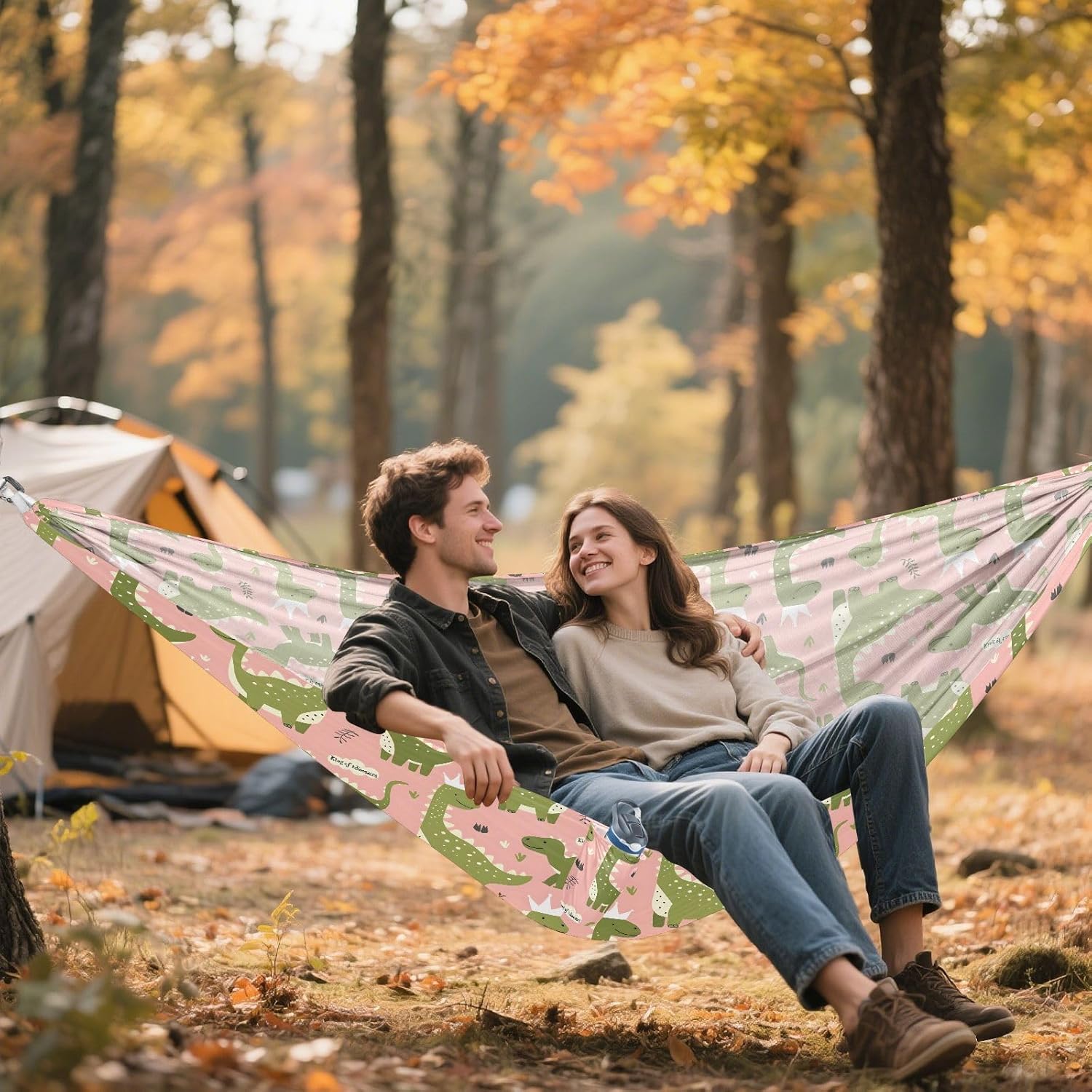 ALAZA Green Dinosaurs Dino Camping Hammocks Single or 2 Person 500 lbs Portable Parachute Travel Hammock w/Tree Straps for Hiking Backpacking Indoor Outdoor