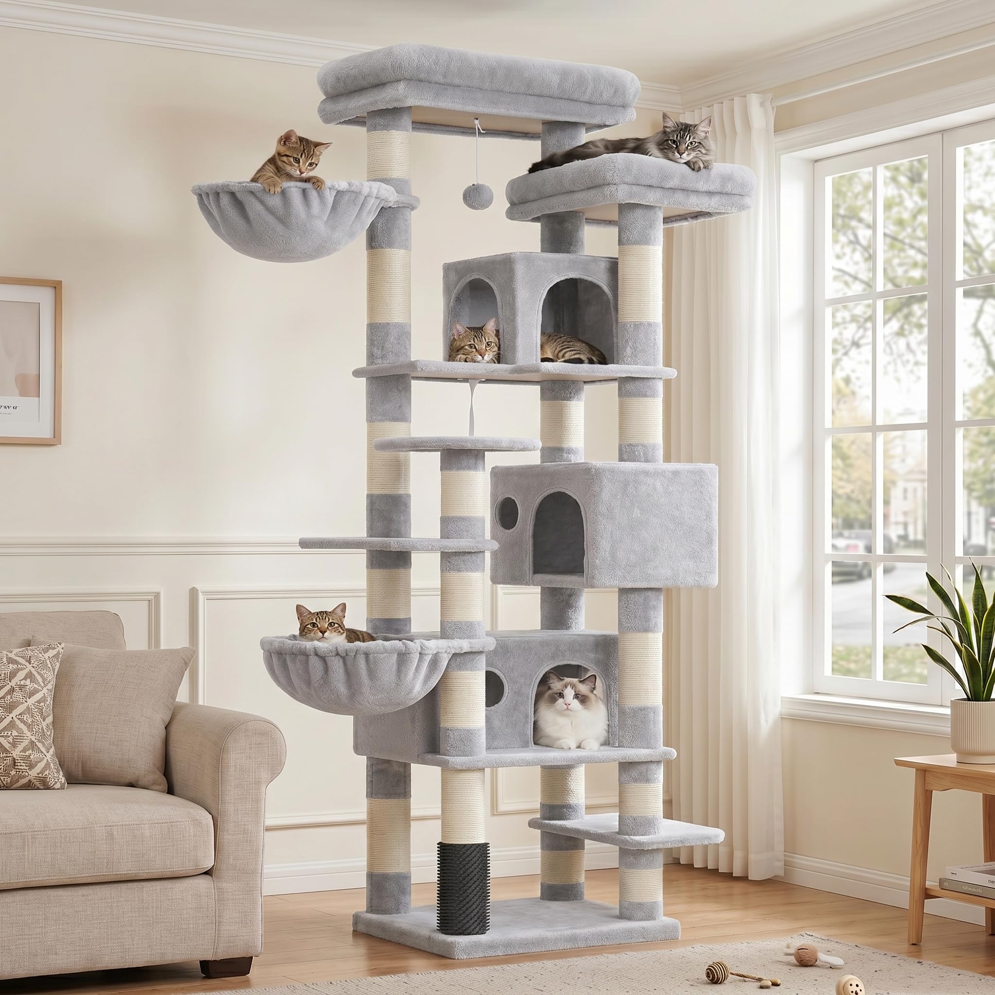 Hey-brother Árbol para Gatos Rascador XXL, Torre de Gatos Multi - Nivel de 188 cm de Altura,con 2 Grandes Plataformas, 3 Cuevas y 2 Cestas, Gris Claro 0EMPJ035-MW