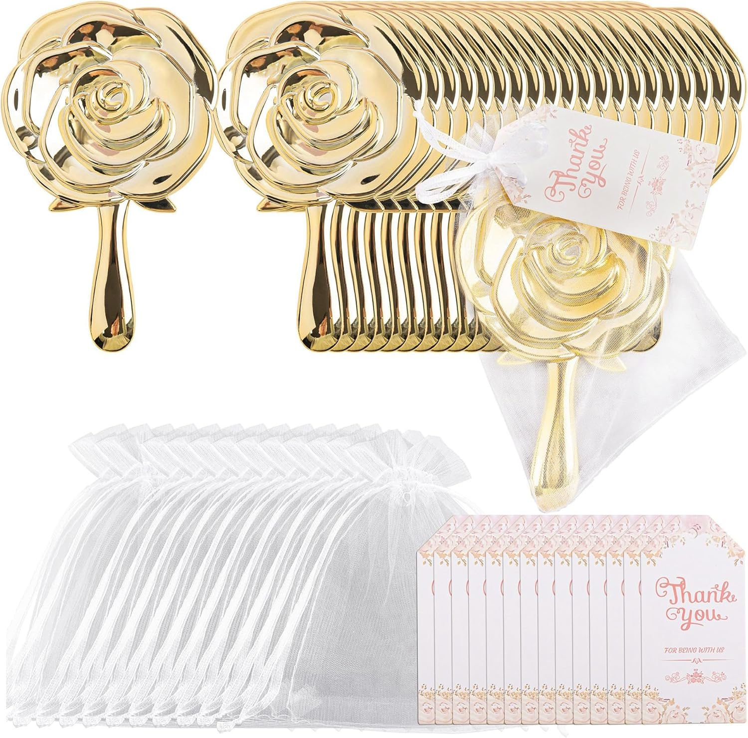 Framendino, 20 Pack Gold Rose Compact Mirror Handheld Bulk with Thank You Tag and Organza Bag for Wedding Party Favors Bridal Shower