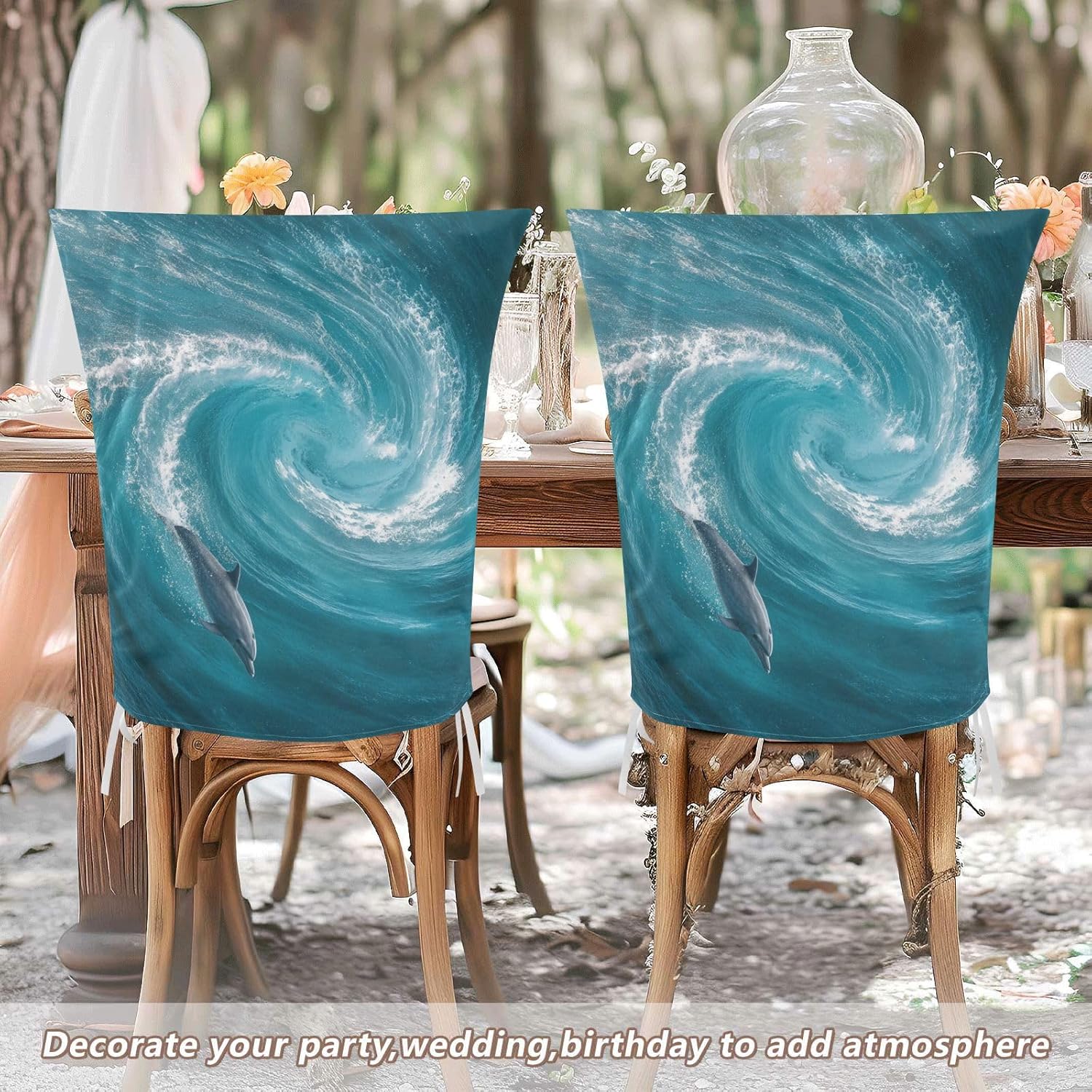 ALAZA Ocean Waves Dolphins Chair Back Cover Set of 6, Washable Reusable Removable Chair Slipcovers Decorative Chair Cover for Home Kitchen Wedding Party
