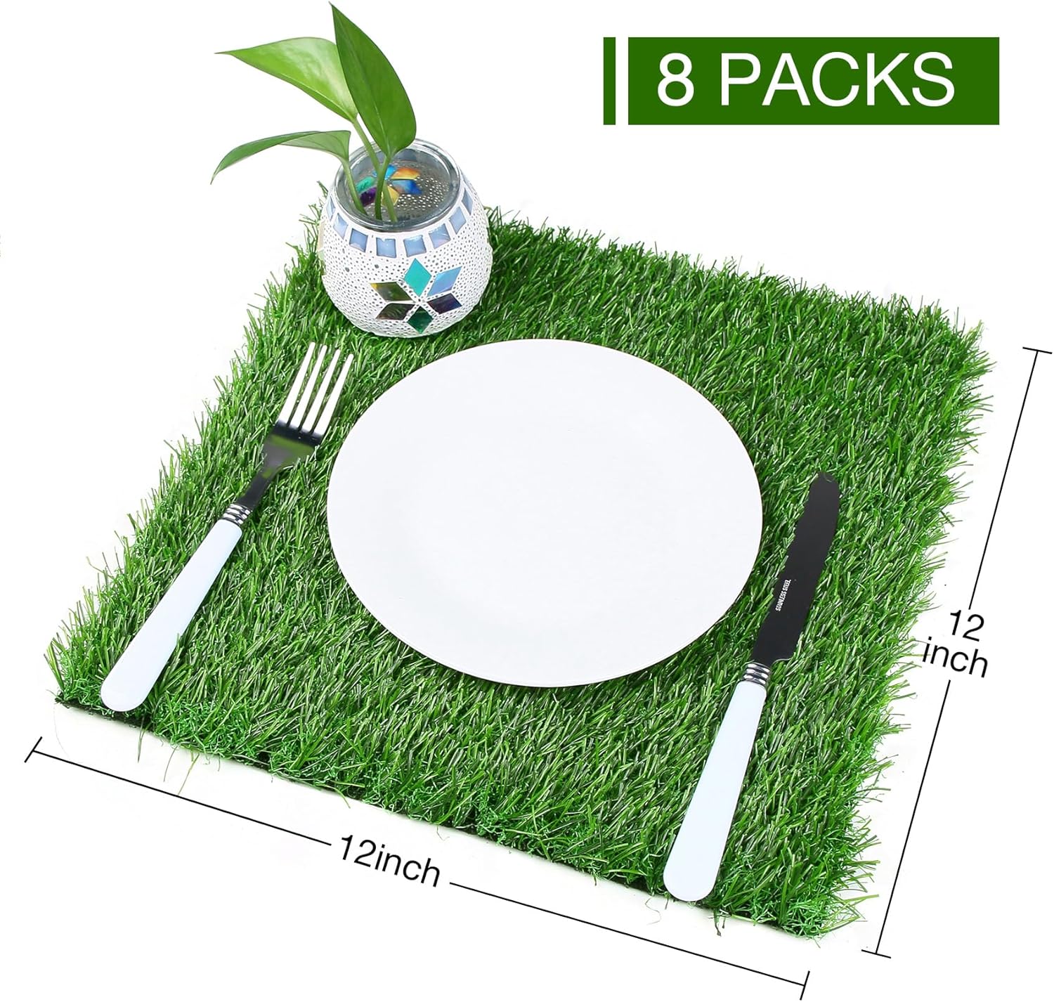 XLX TURF 8 Pack Artificial Grass Square Mats, 12"x12" Fake Grass Placemats to Match Table Runner for Golf Football Summer Party Table Centerpiece, Turf Patch for Crafts