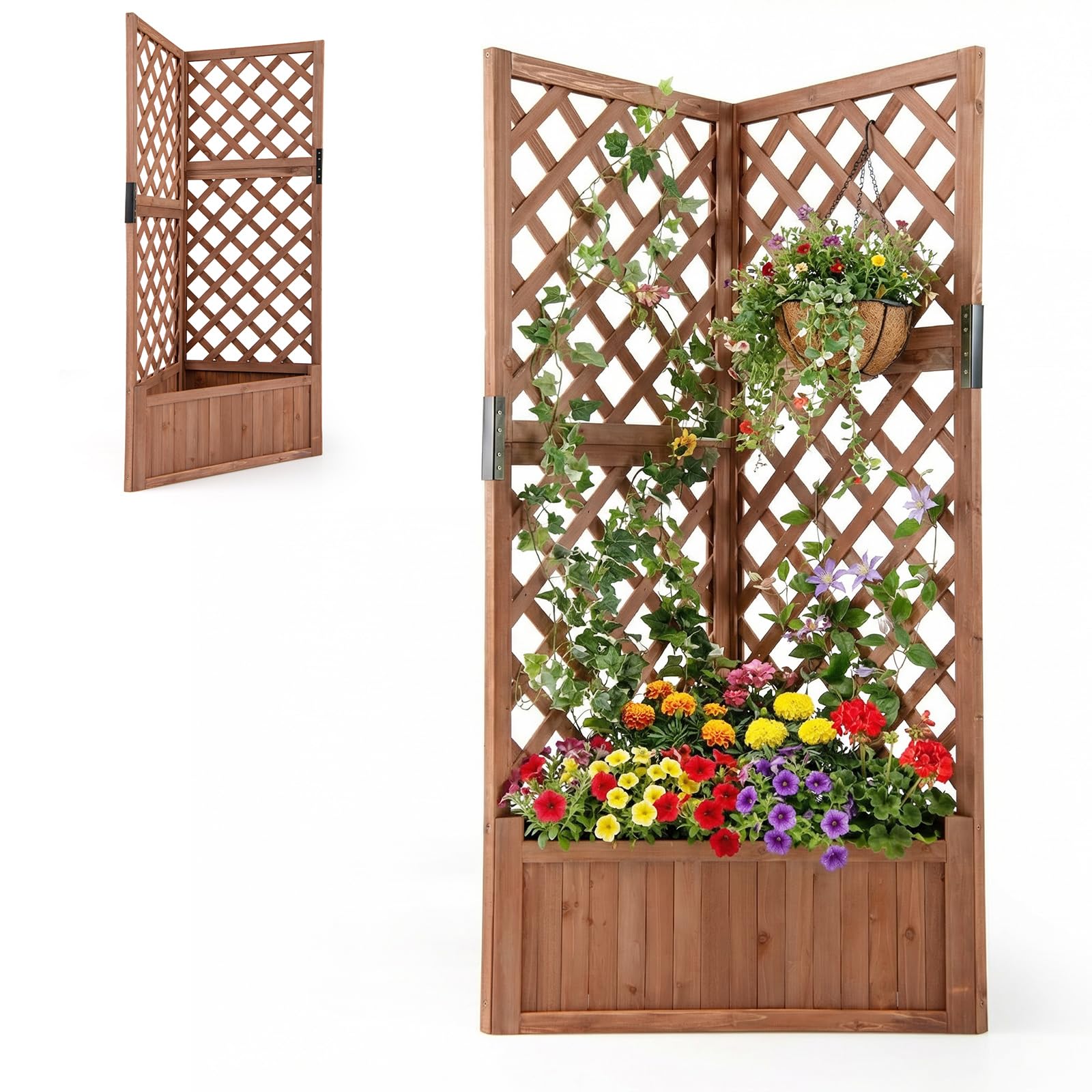 HOMASIS Macetero Elevado con espaldera, 140 cm, de Madera, con Drenaje, para balcón, jardín o terraza (Marrón Rojizo)