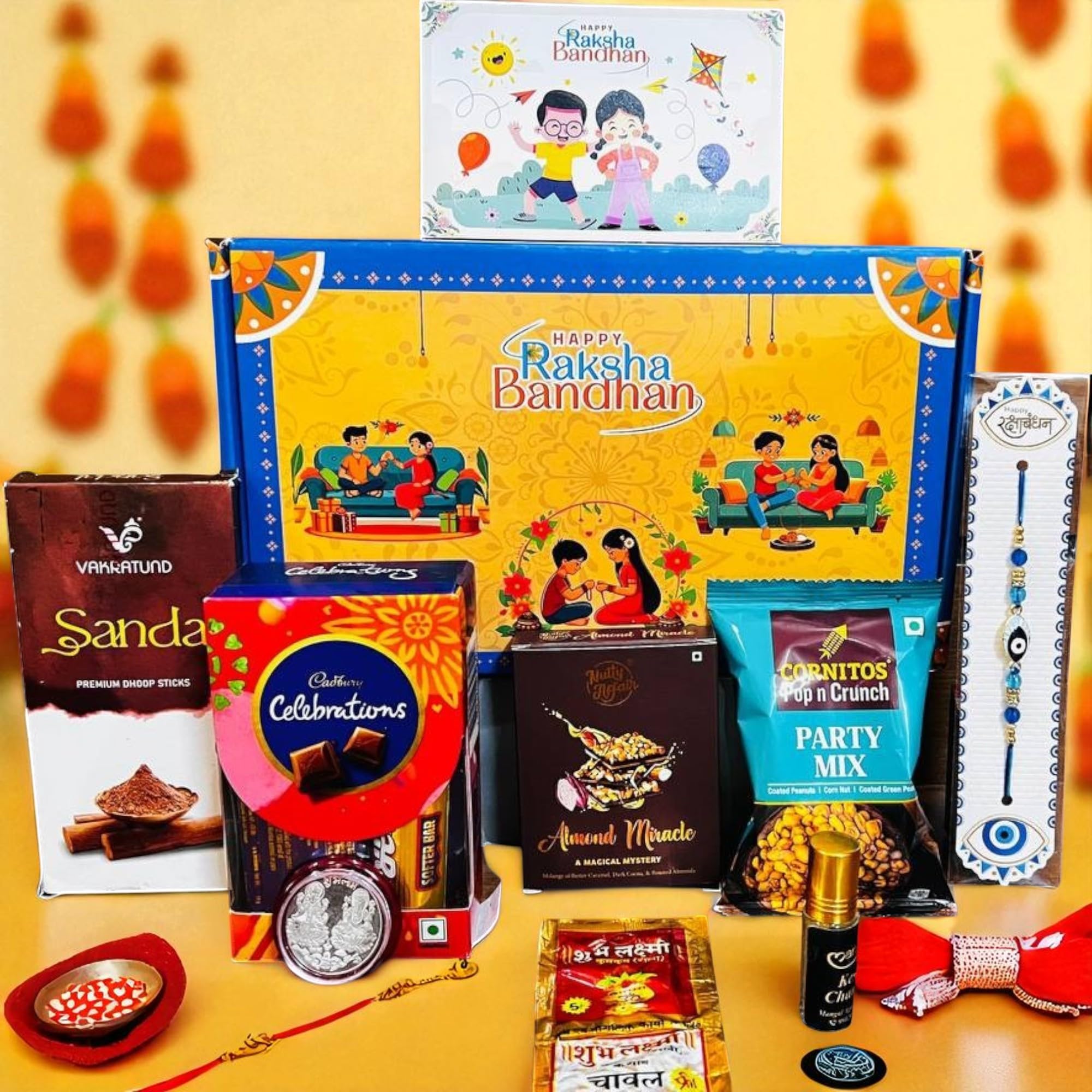OSMOSIS Rakhi Gift Combo Box for Brother Bhaiya & Bhabhi-9 Inclusions + Evil Eye Rakhi Nazar Kavach|Chocolate,Millet Namkeen,Almond Bar,Incense Sticks & Stand,Perfume,Coin,Card,Roli Chawall-image-13