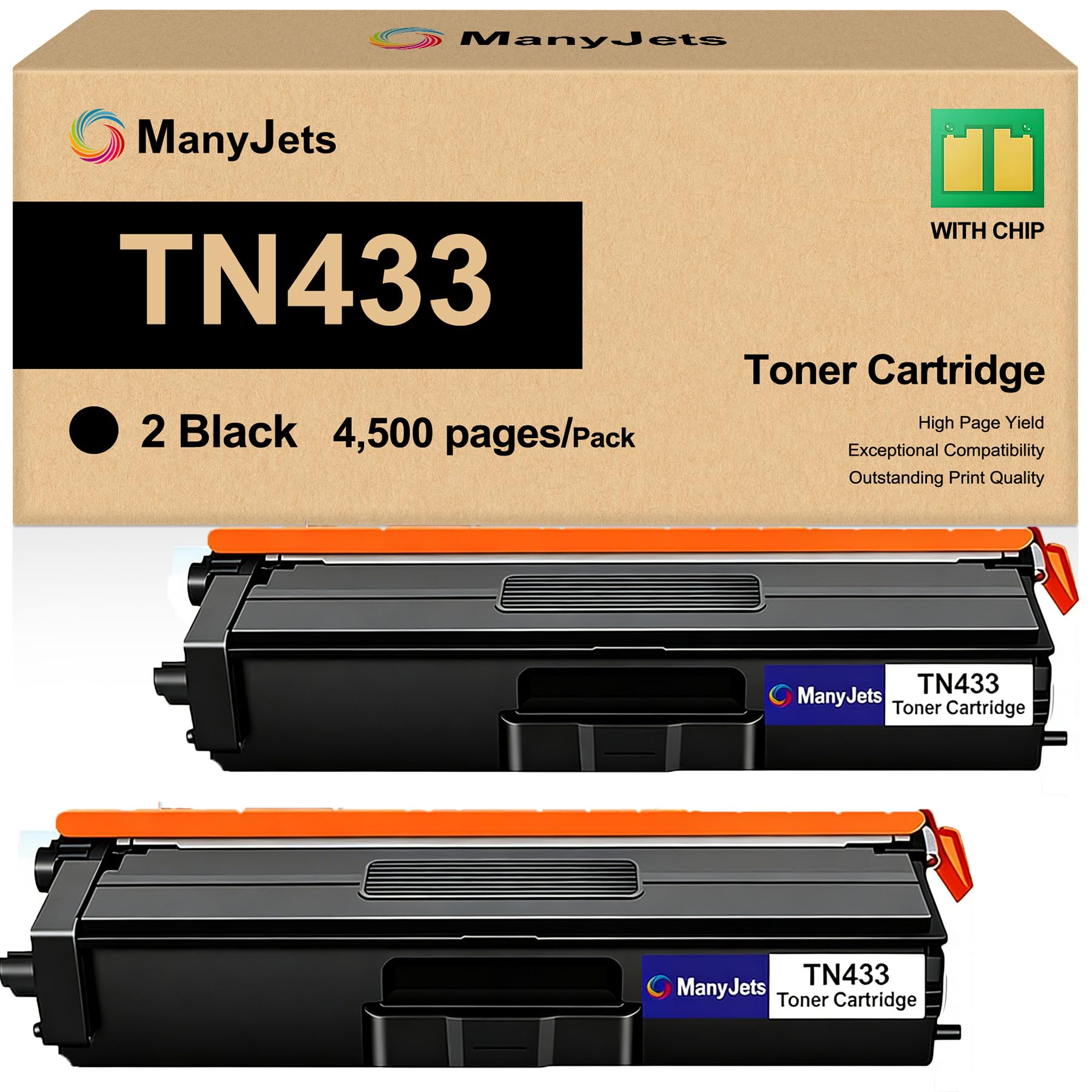ManyJets 2-Pack TN433BK TN-433BK Compatible TN433 TN-433 High Yield Toner Cartridge Black Replacement for Brother TN433BK TN-433BK MFC-L8900CDW L8360CDW HL-L8260CDW Printers Ink