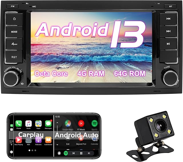 Radio samochodowe Android 13 dla VW Volkswagen TOUAREG T5 Transporter [4G RAM+64G ROM] z bezprzewodowym Carplay/Android Auto/GPS Navigation/Bluetooth/Połączenie WIFI/FM AM RDS Radio/SWC/Kamera tylna