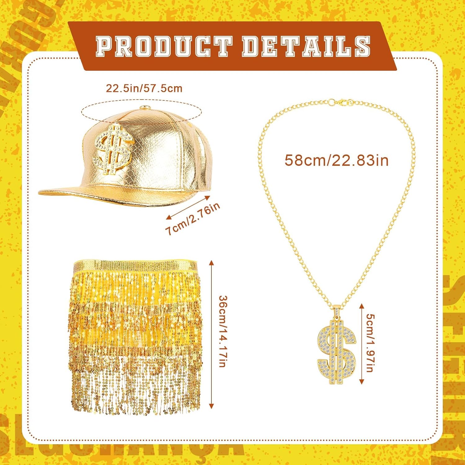 Halloween Gold Digger Costume Gold Rapper Hat Golden Sequin Skirt Necklace for Adults Outfit Halloween Cosplay