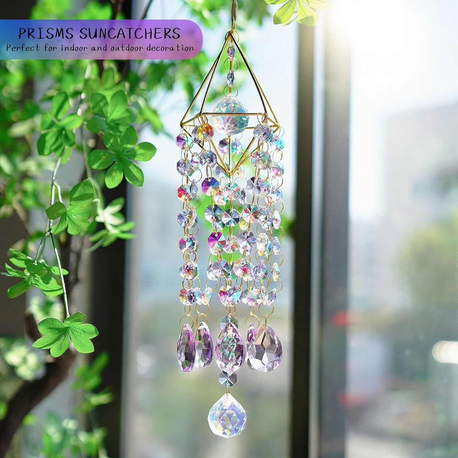 HDCRYSTALGIFTS 21.5inch Crystal Prisms Suncatcher for Window Hanging, Rainbow Maker Crystal Sun Catcher Indoor Window Glass Wind Chimes Home Garden Decor, Purple - Image 5